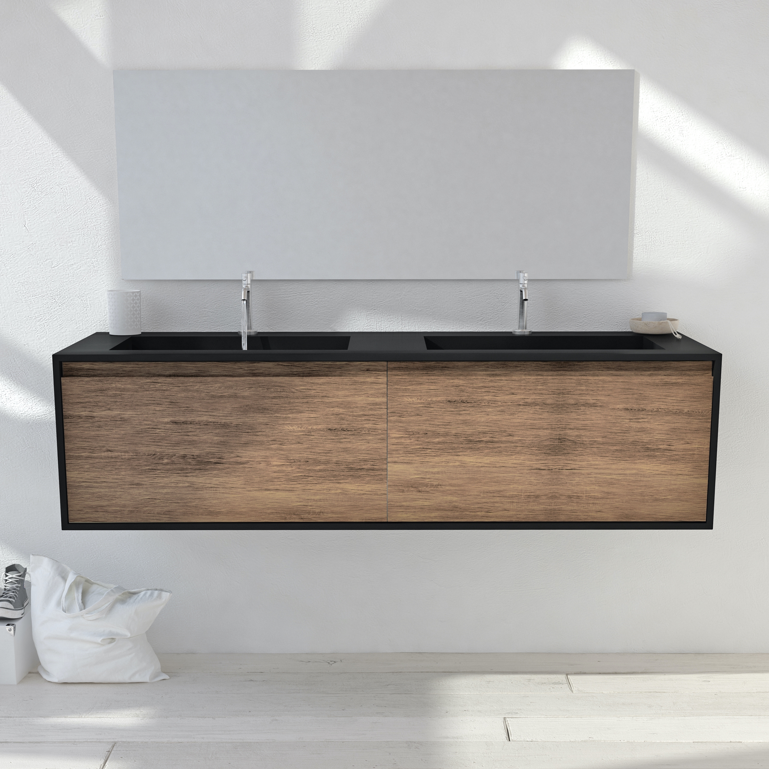 Mostra il prodotto CORIAN® COLOUR | Orion Lavabo Doppio + Mobile Sospeso Gaia Edge in Corian® Colour e Legno - 2 cassetti del produttore Riluxa