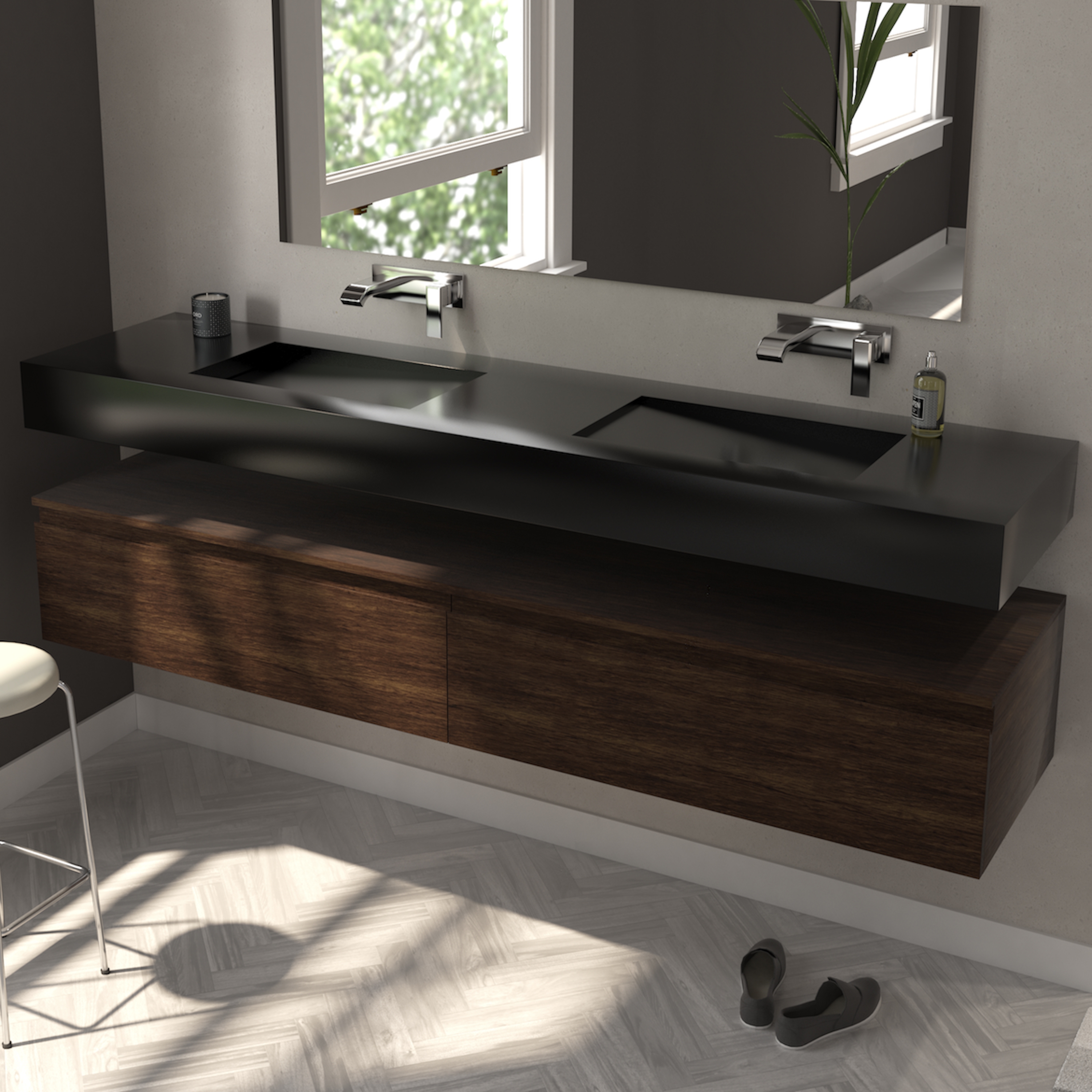 Mostrar el producto CORIAN® COLOUR | Lavabo Suspendido Doble Seno Perseus de Corian® Deep Nocturne del fabricante Riluxa