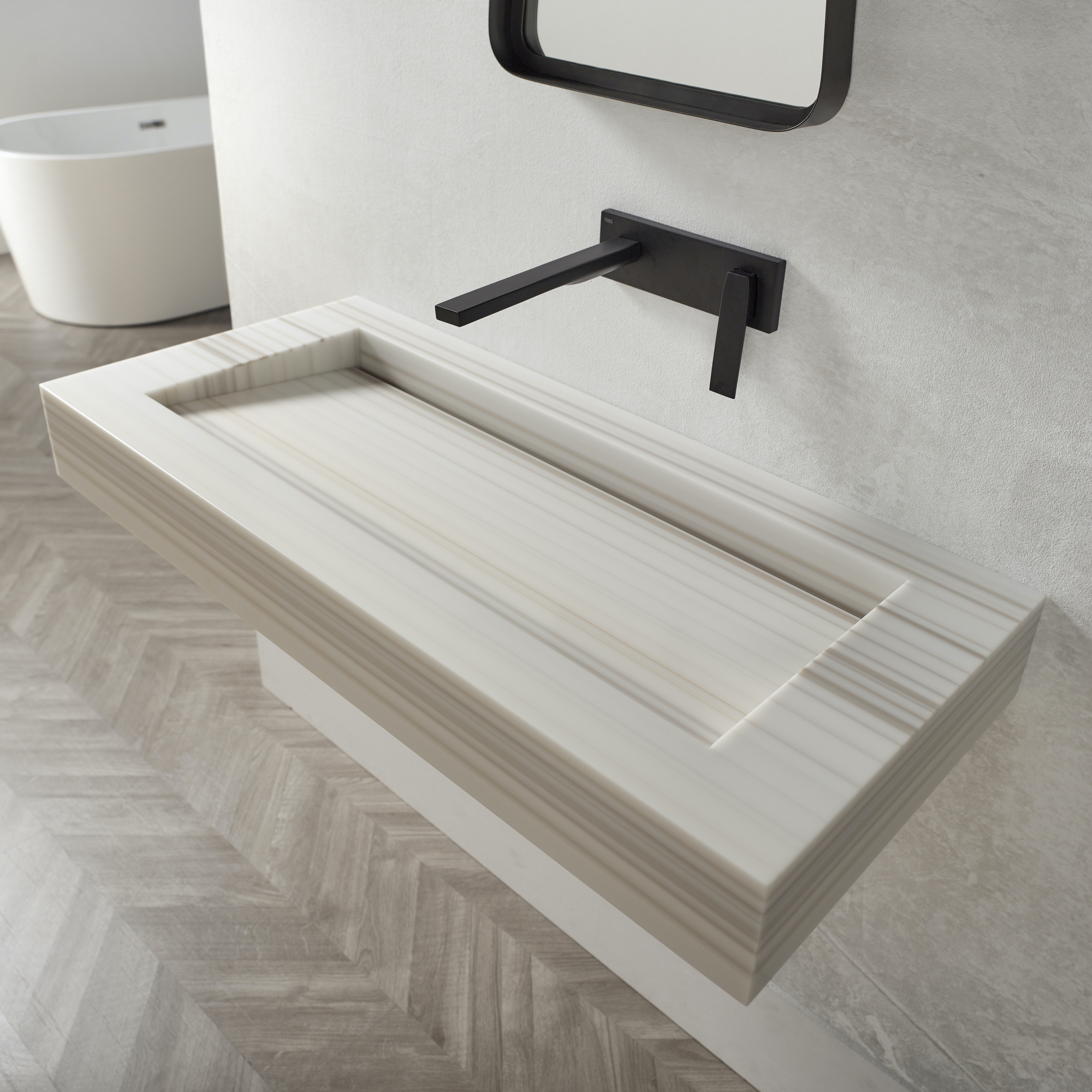 Mostrar el producto CORIAN® COLOUR | Lavabo suspendido Sagitta Plus en Corian® Colour Sepia Linear del fabricante Riluxa