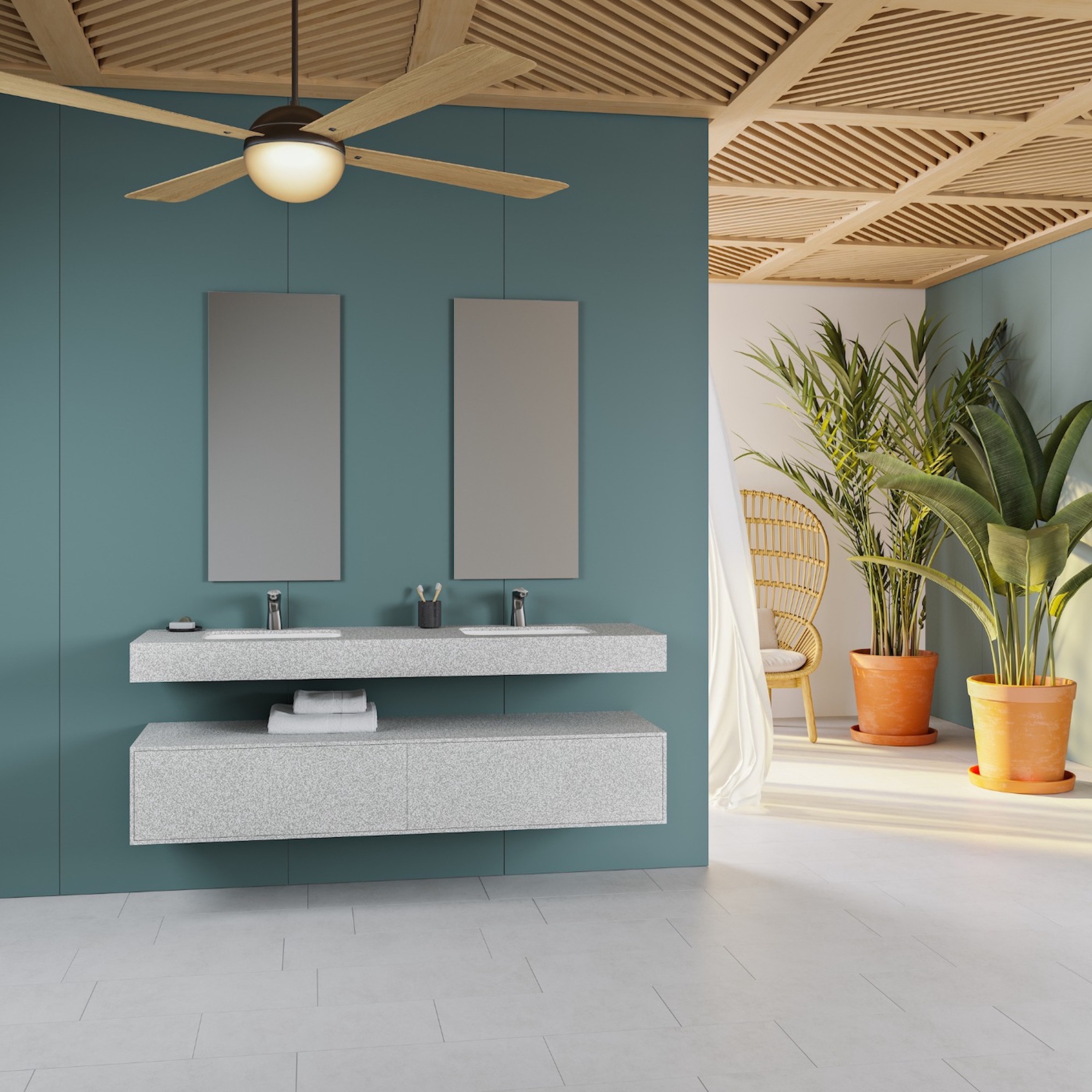 Mostrar el producto CORIAN® COLOUR | Lavabo suspendido Orion doble seno en Corian® Colour Pebble Terrazzo del fabricante Riluxa