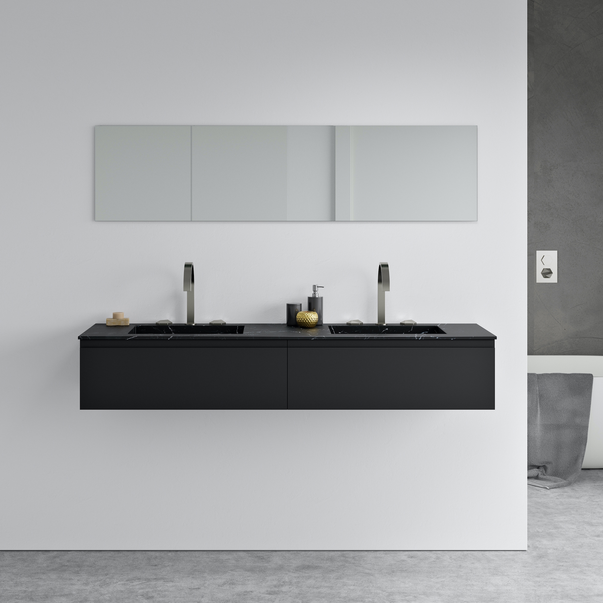 Vertoon produk MARBLE | Cassiopeia Nero Marquina Marble Vanity Top Double Washbasin van vervaardiger Riluxa