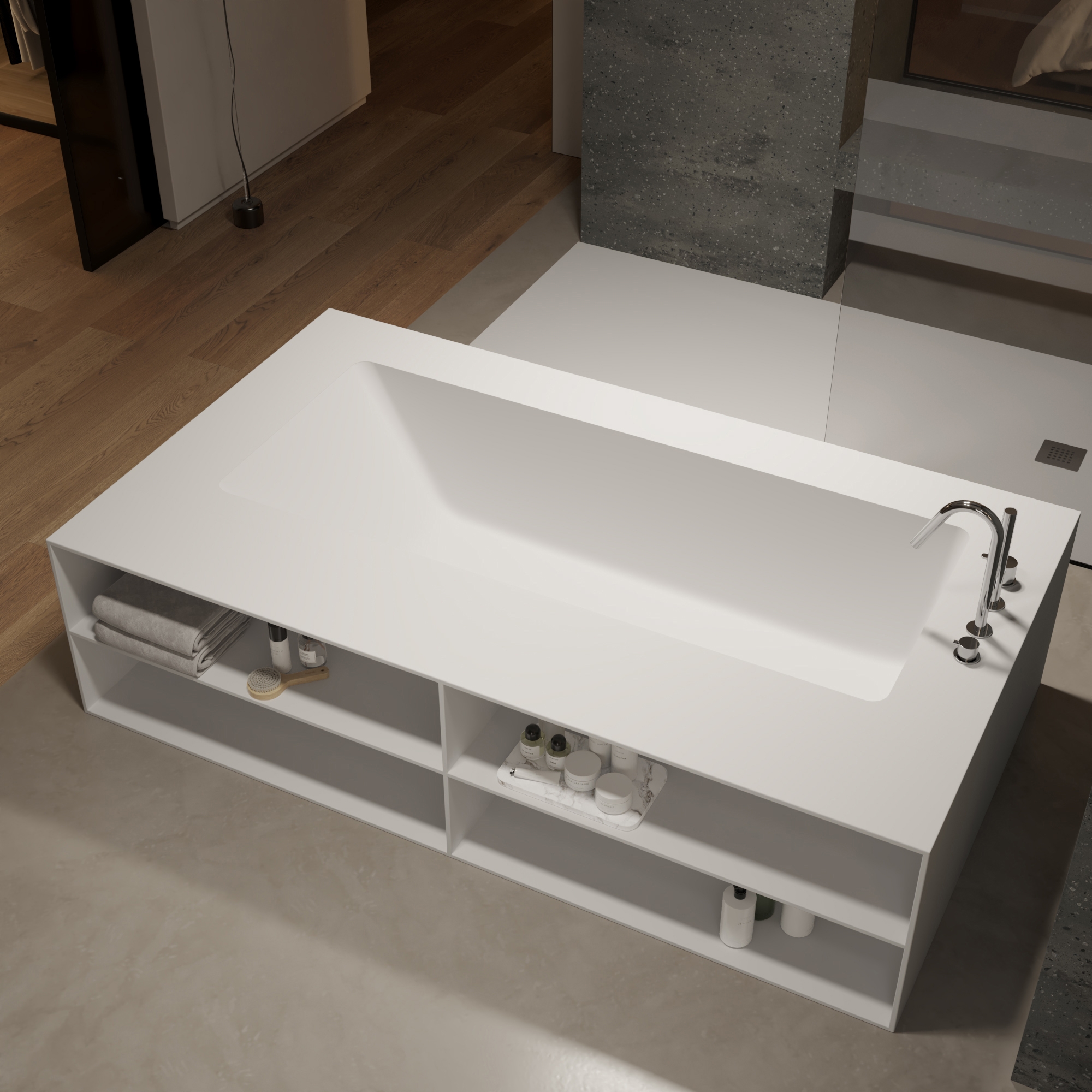 Display product CORIAN® | AQUILA Built-in DuPont™ Corian® Bathtub - 3 Panels & Front shelf from manufacturer Riluxa