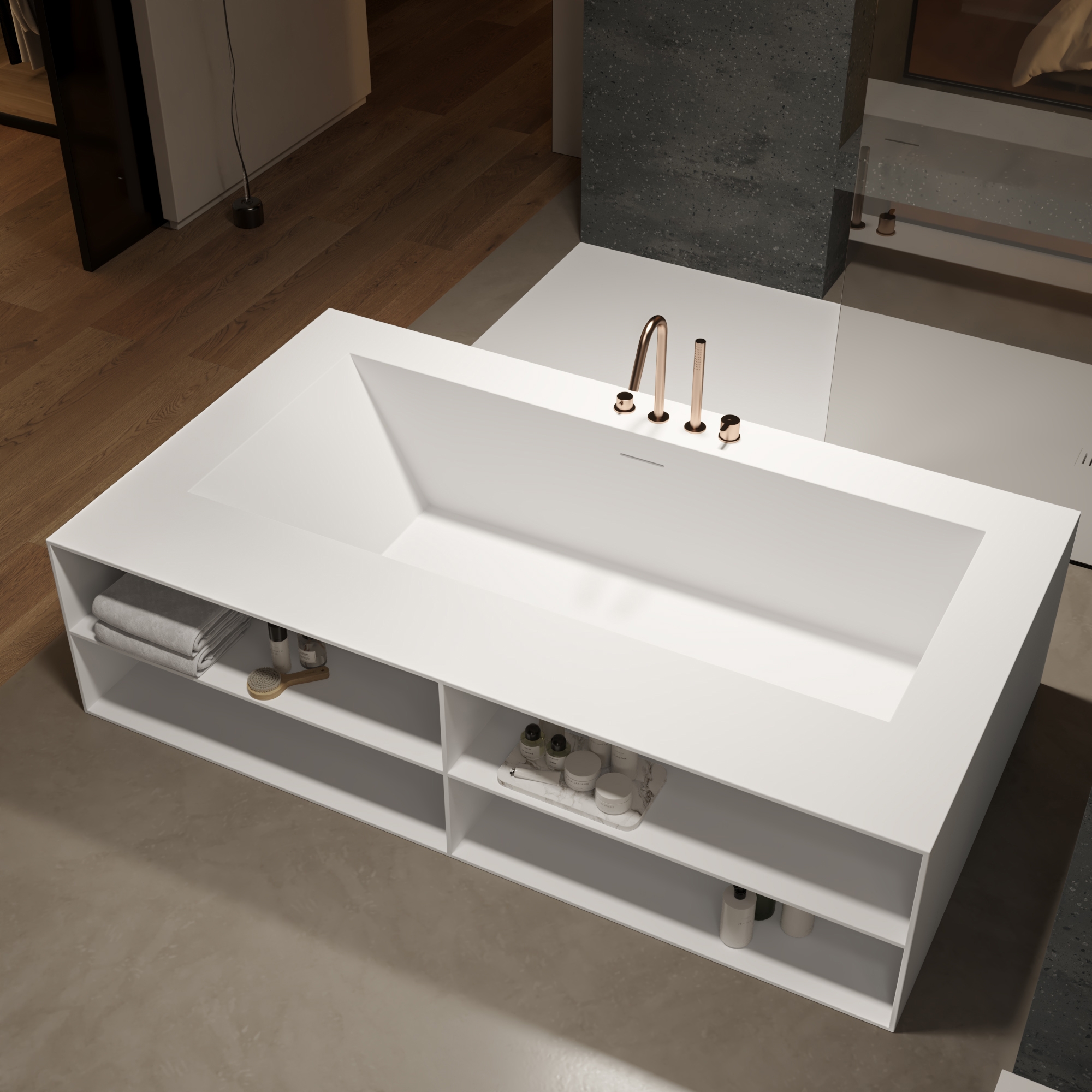 Display product CORIAN® | Cassiopeia Built-in DuPont™ Corian® Bathtub - Front shelves from manufacturer Riluxa