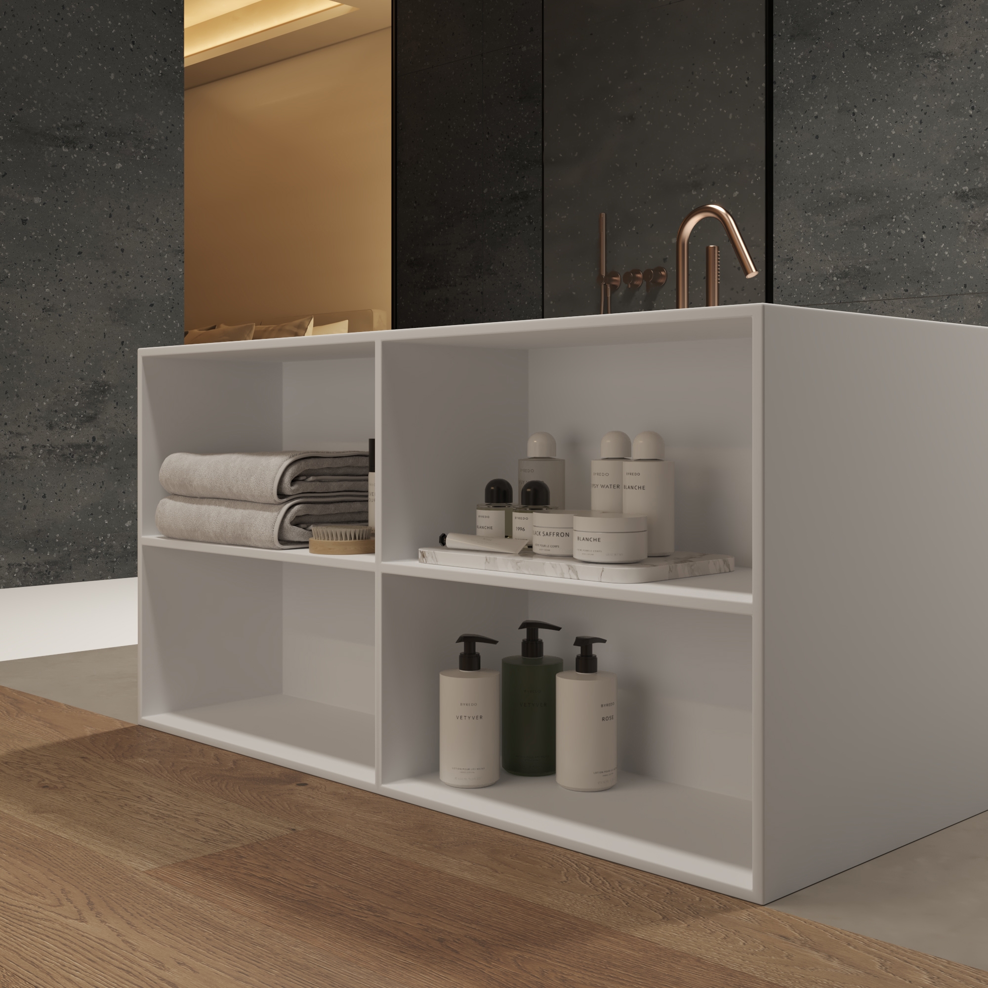 Display product CORIAN® | Cassiopeia Built-in DuPont™ Corian® Bathtub - Side shelves from manufacturer Riluxa