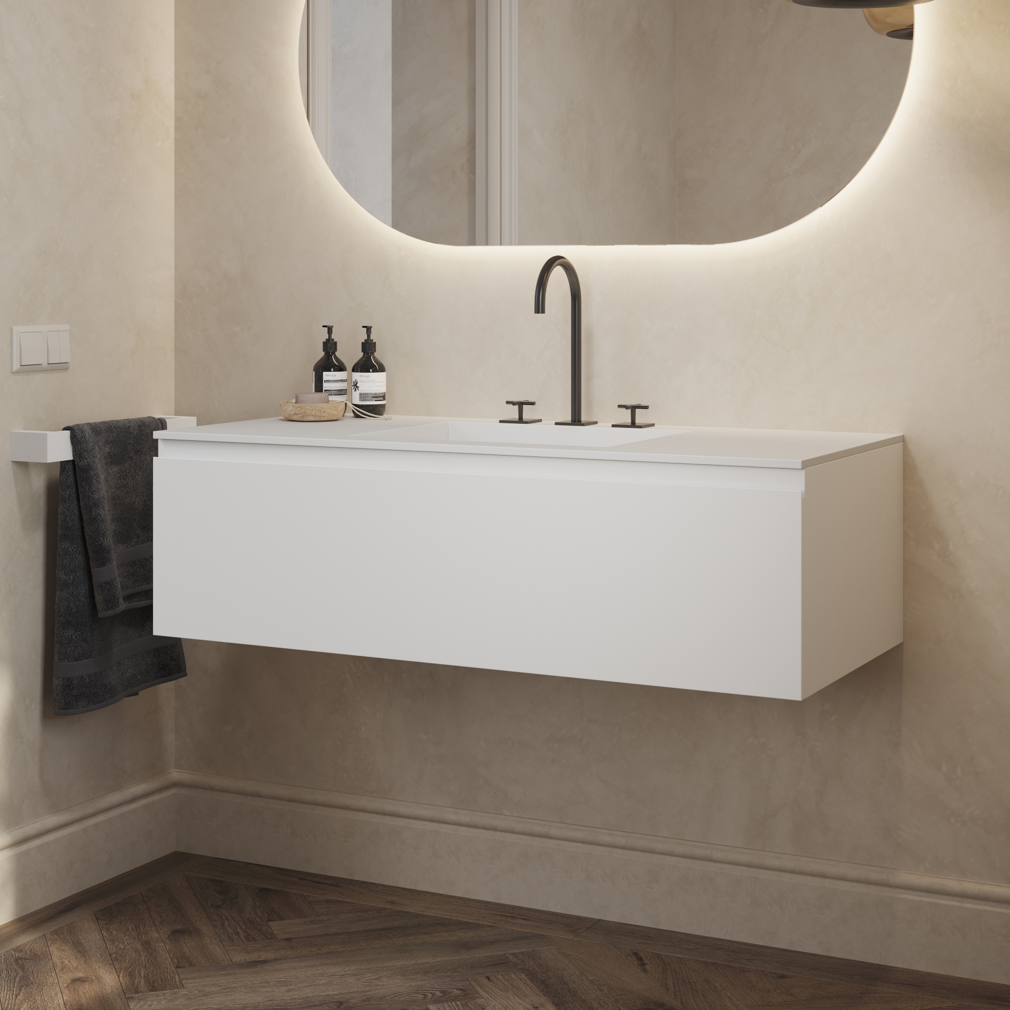 Display product MDF + CORIAN® | Sagitta Corian® Basin + Gaia Classic Wall Mounted Vanity Unit - 1 drawer from manufacturer Riluxa