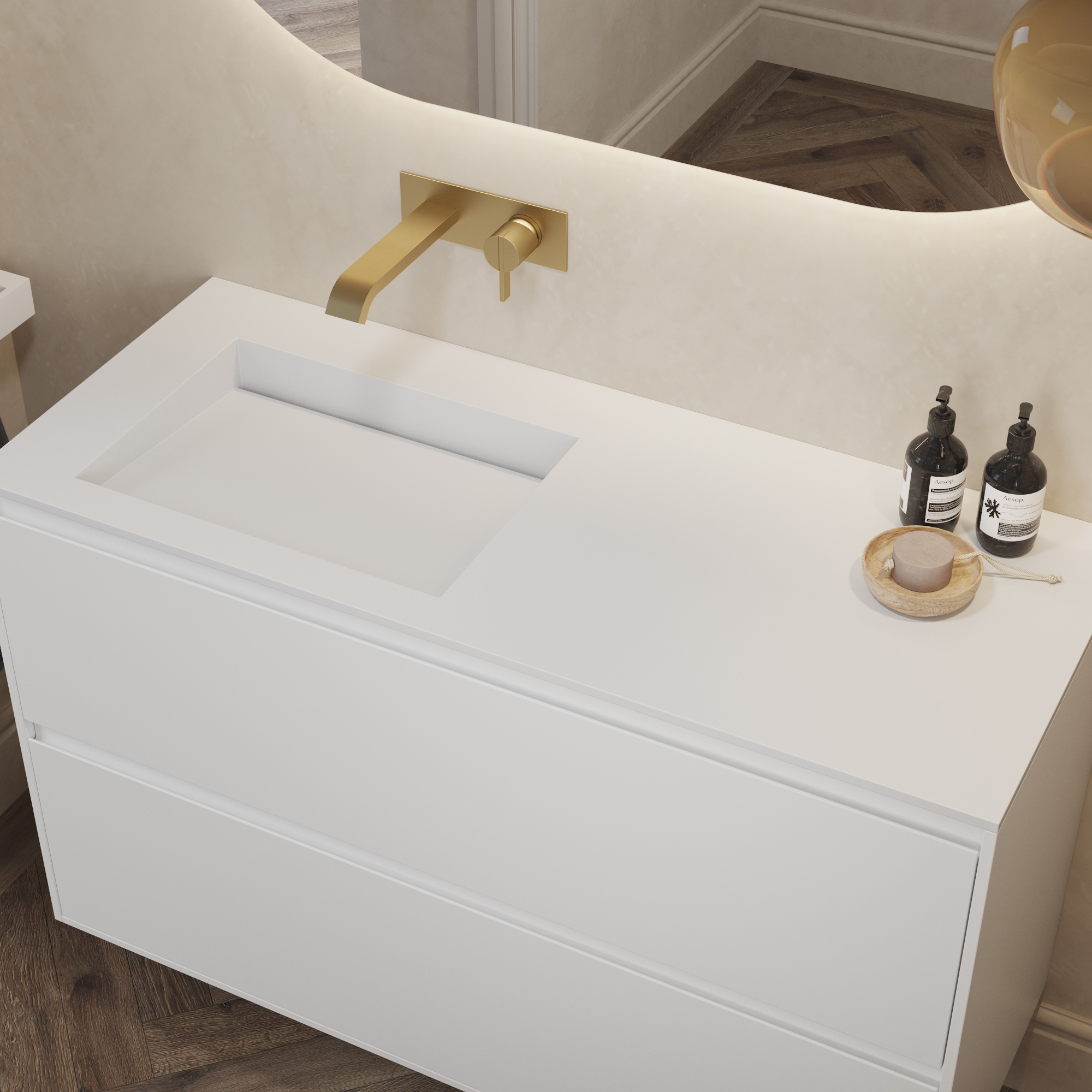 Vertoon produk MDF + CORIAN® | Sagitta Corian® Basin + Gaia Classic Wall Mounted Vanity Unit - 4 drawers van vervaardiger Riluxa