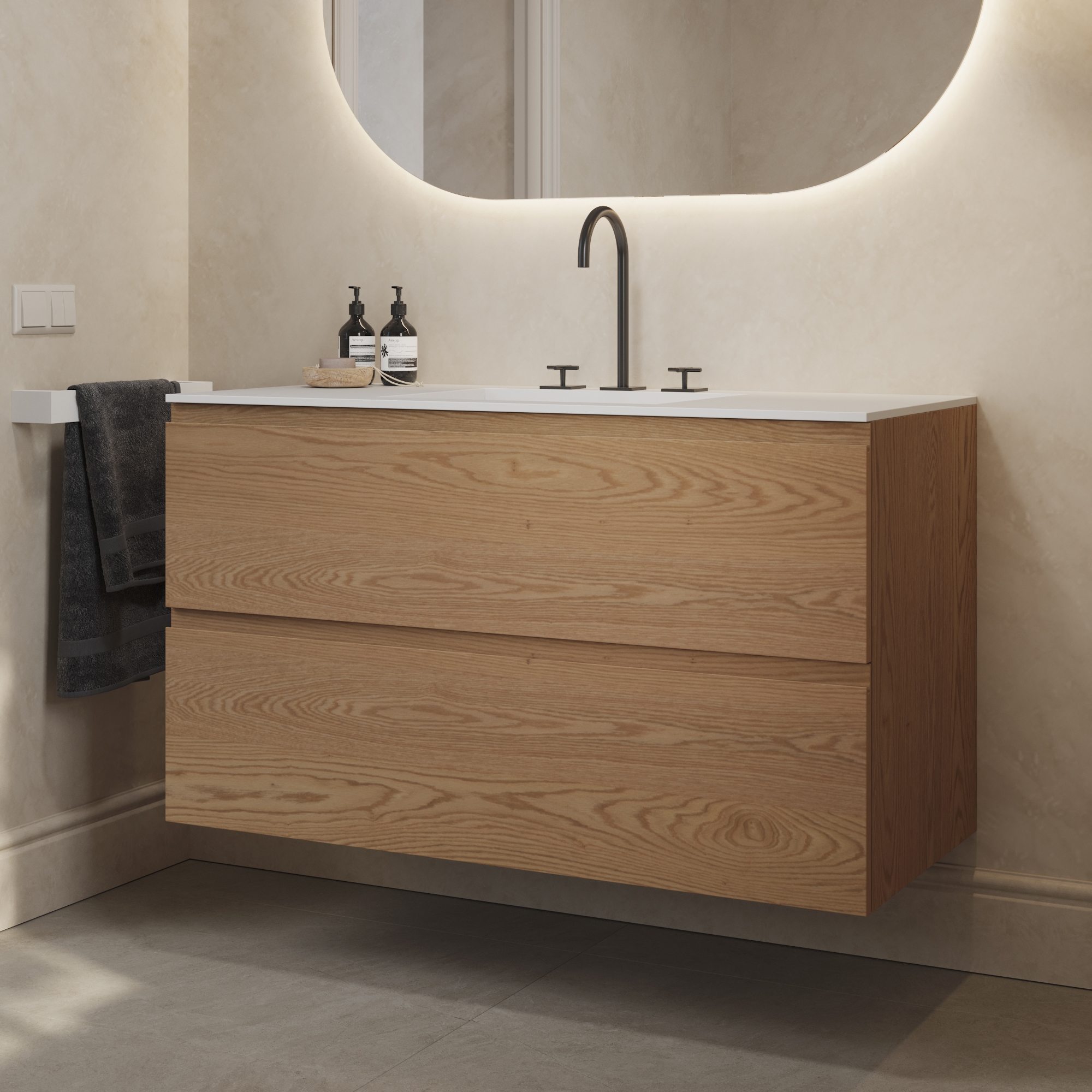 SOLID WOOD | Gaia Wood Mueble bajo lavabo suspendido Modulo de madera maciza de roble - 2 cajones