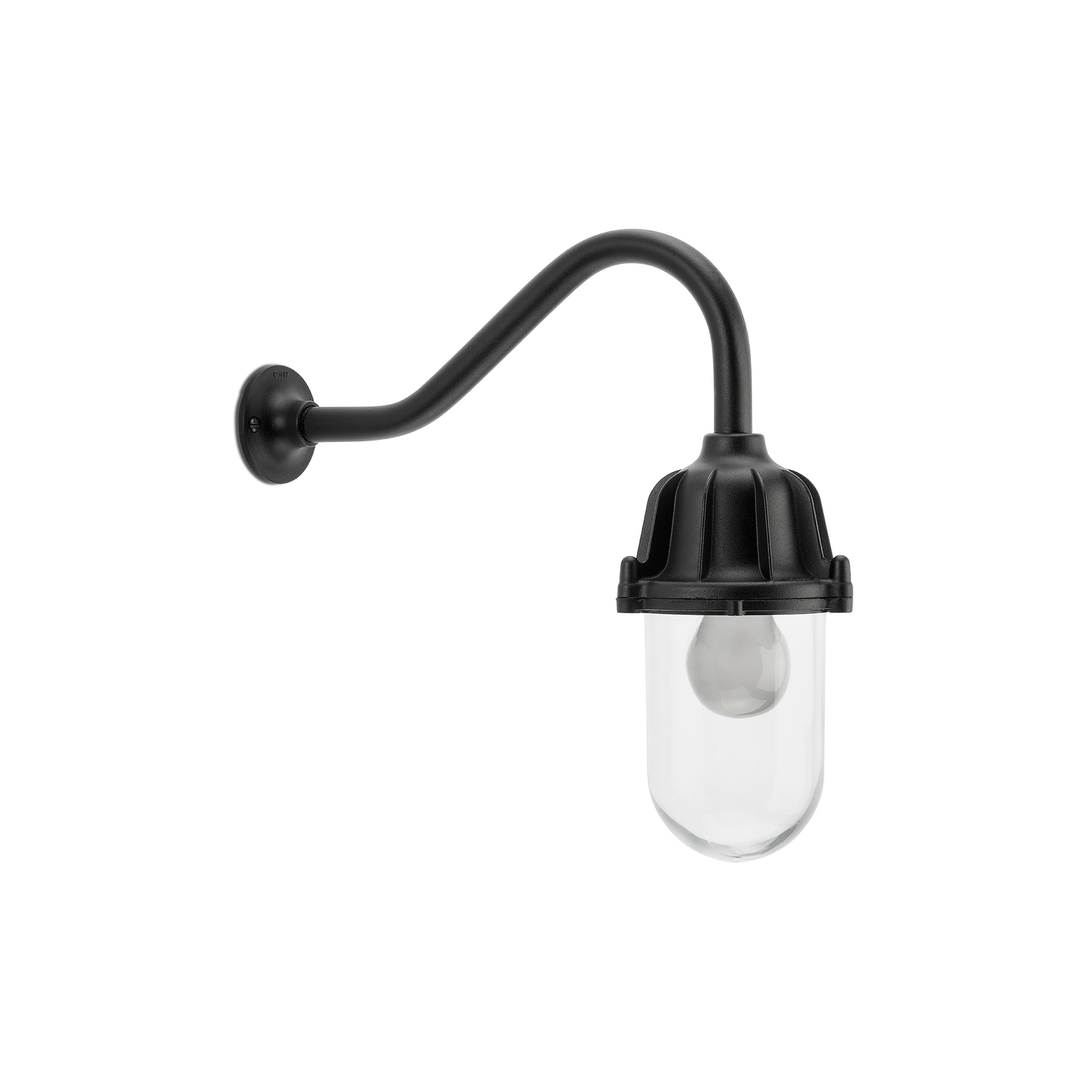 Wall lamp - cast aluminium with swan neck black painted, clear glass