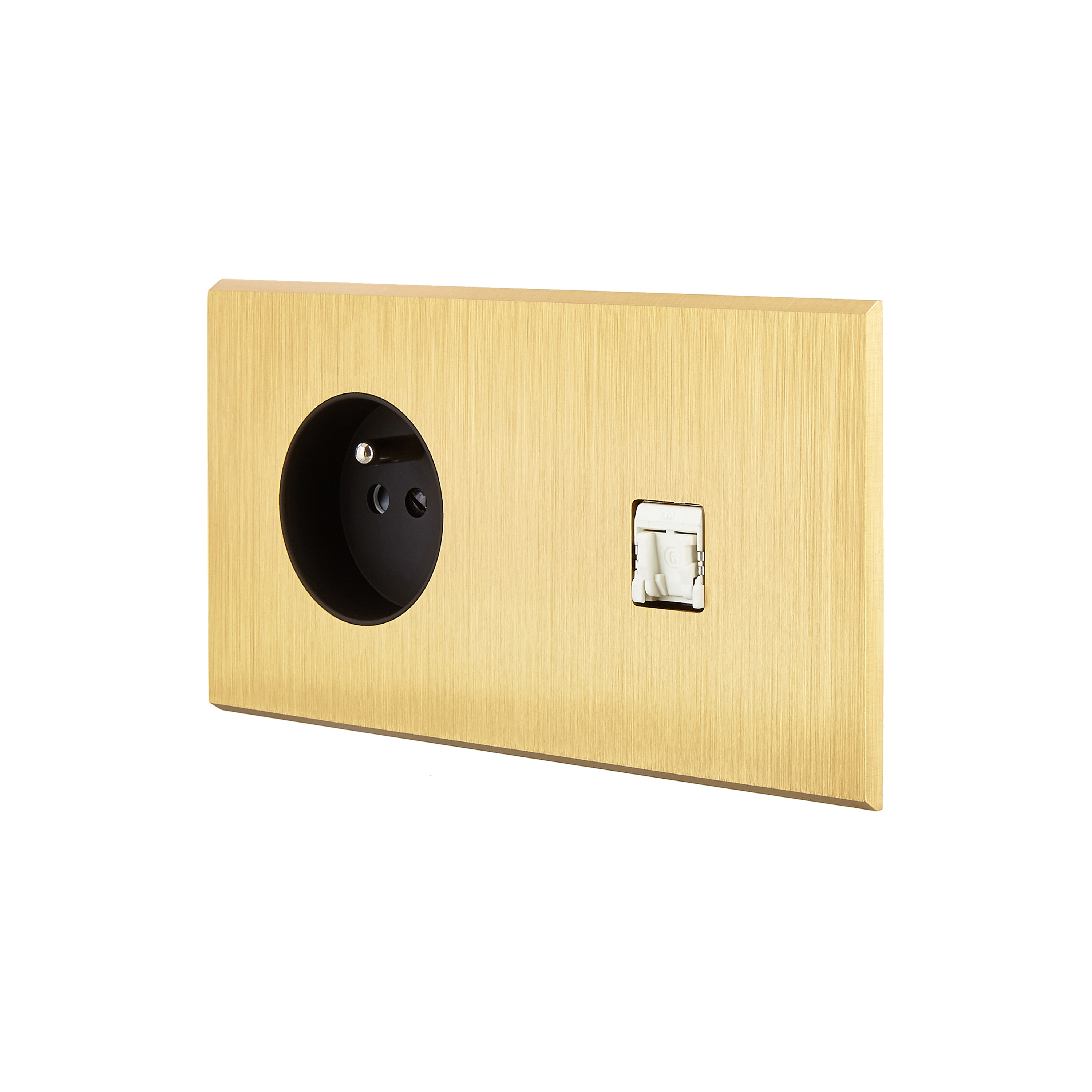 Display product Brushed Brass - Horizontal double cover plate - 1 Socket - 1 Media RJ45 slot from manufacturer Modelec