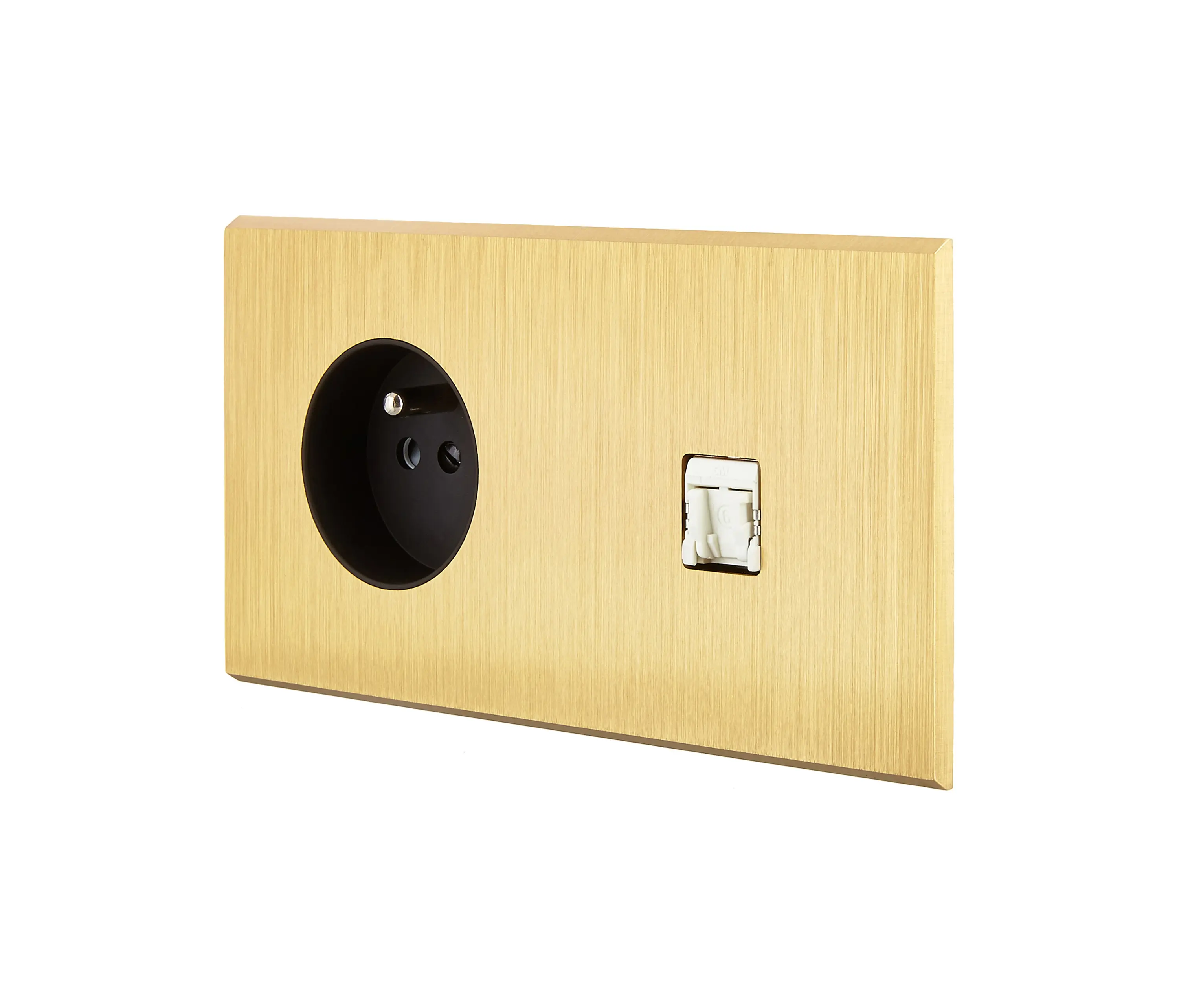 Modelec - Brushed Brass - Horizontal double cover plate - 1 Socket - 1 Media RJ45 slot