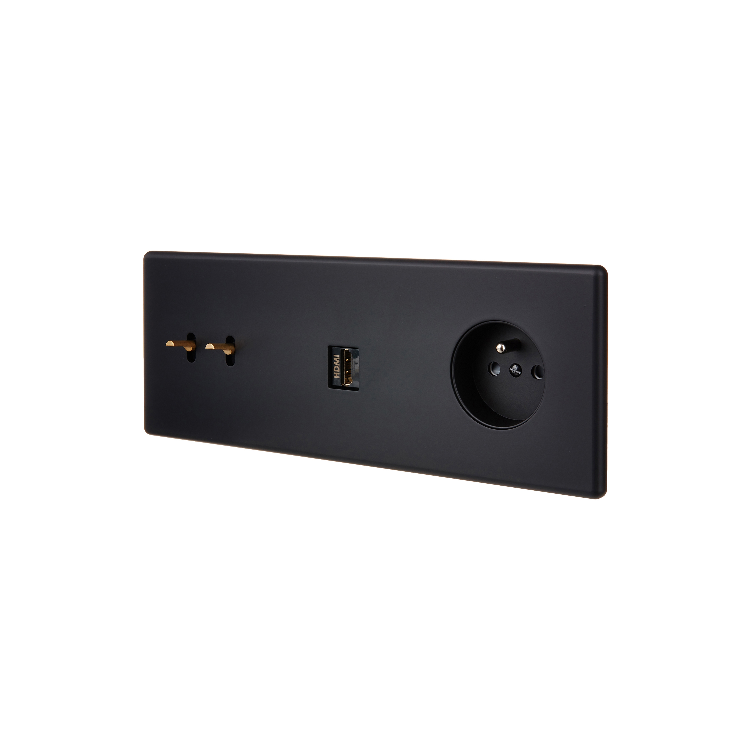 Afficher le produit Soft Touch Noir - Plaque Triple Horizontal - 2 leviers dorés - 1 HDMI + 1 PC du fabricant Modelec