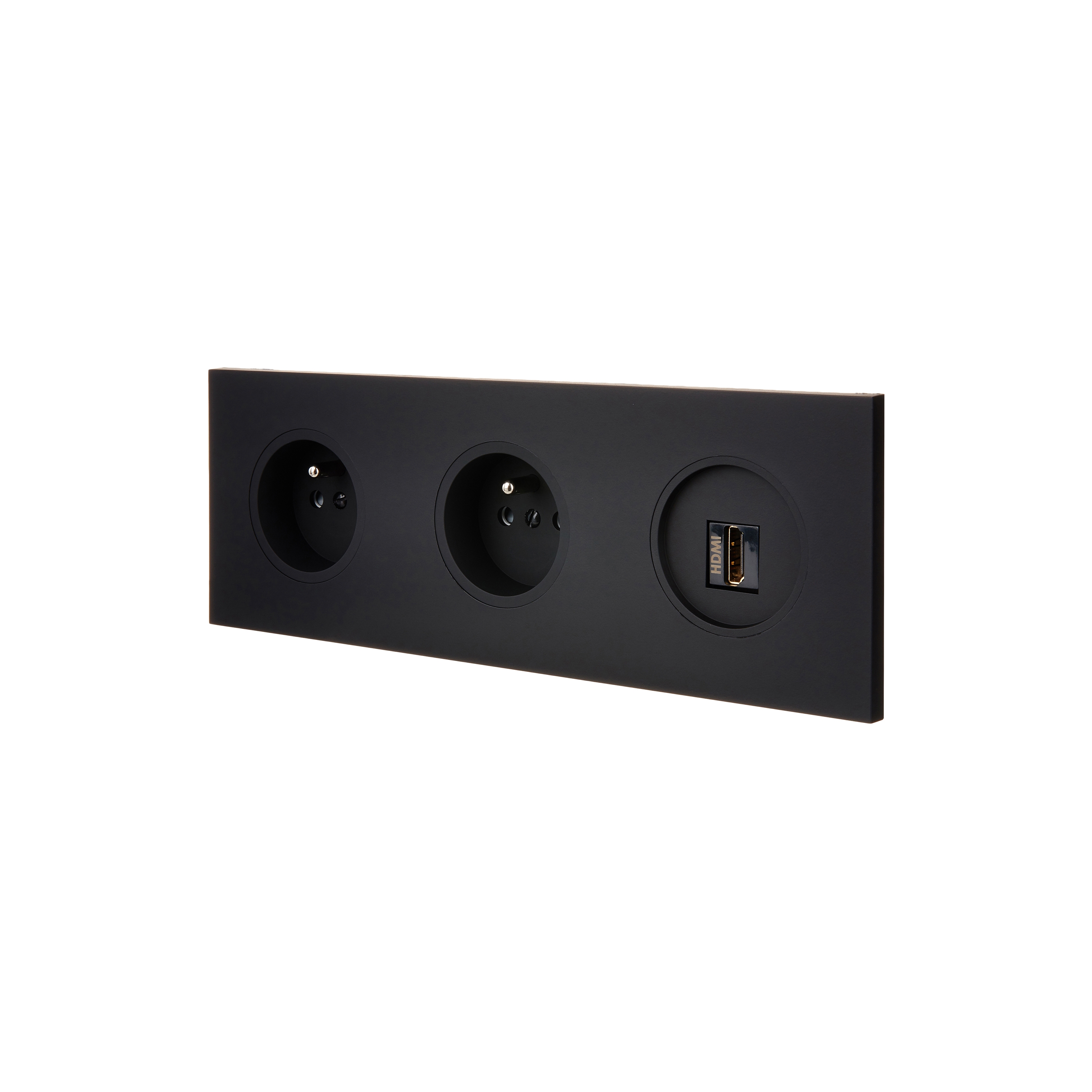Display product Black Soft Touch - Triple Horizontal Cover Plate - 2 Sockets - 1 HDMI from manufacturer Modelec