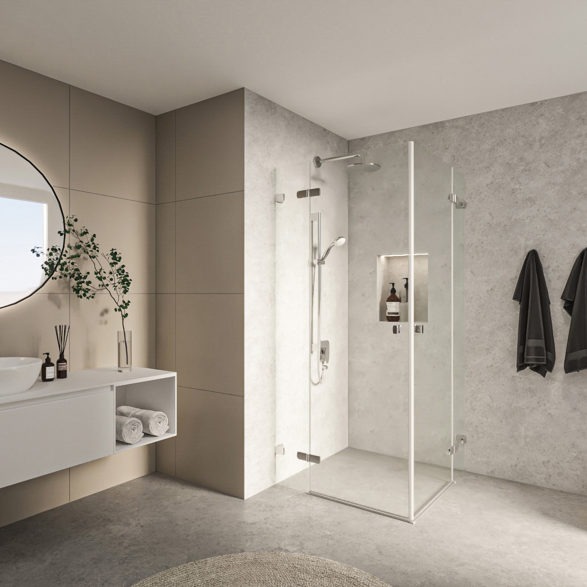 Display product S505 PEDF Corner shower with hinged doors and fixed elements from manufacturer Koralle
