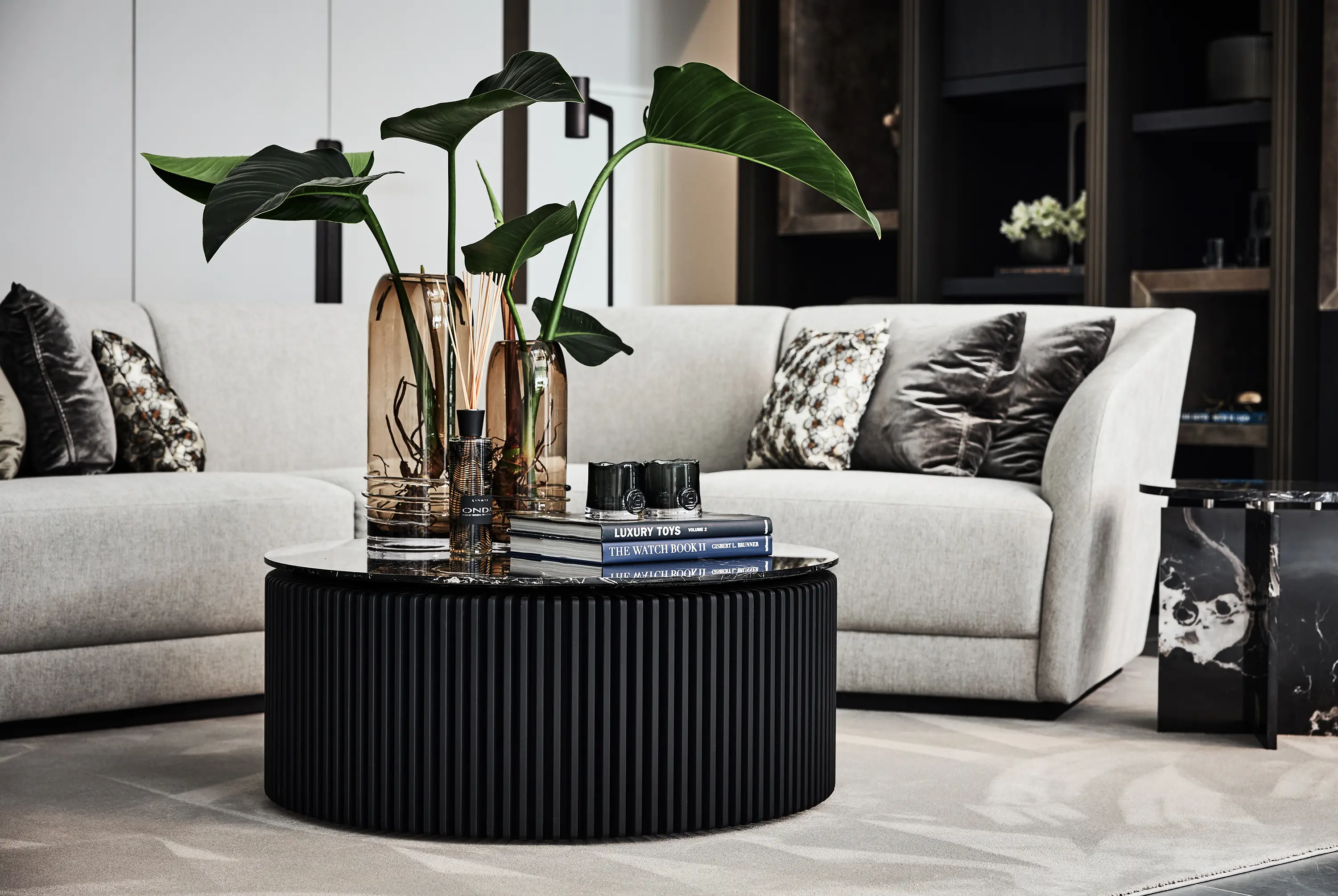 DAMI Luxury Interior - Pearl Coffee Table Softtouch Warm Beige Frame + Travertin Top