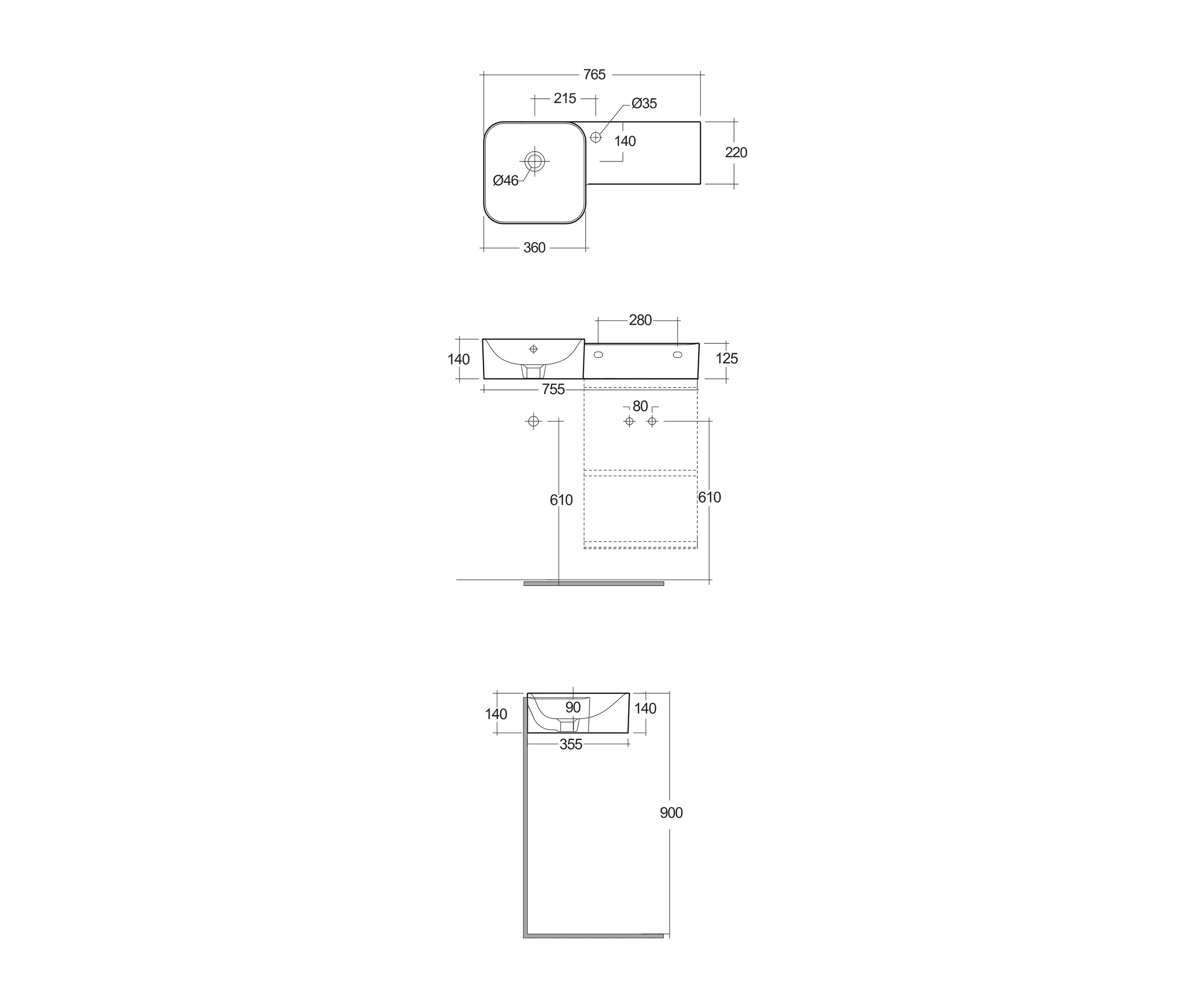 RAK Ceramics - RAK-PETIT | Squared Wall Hung Right Ledge Washbasin with tap hole
