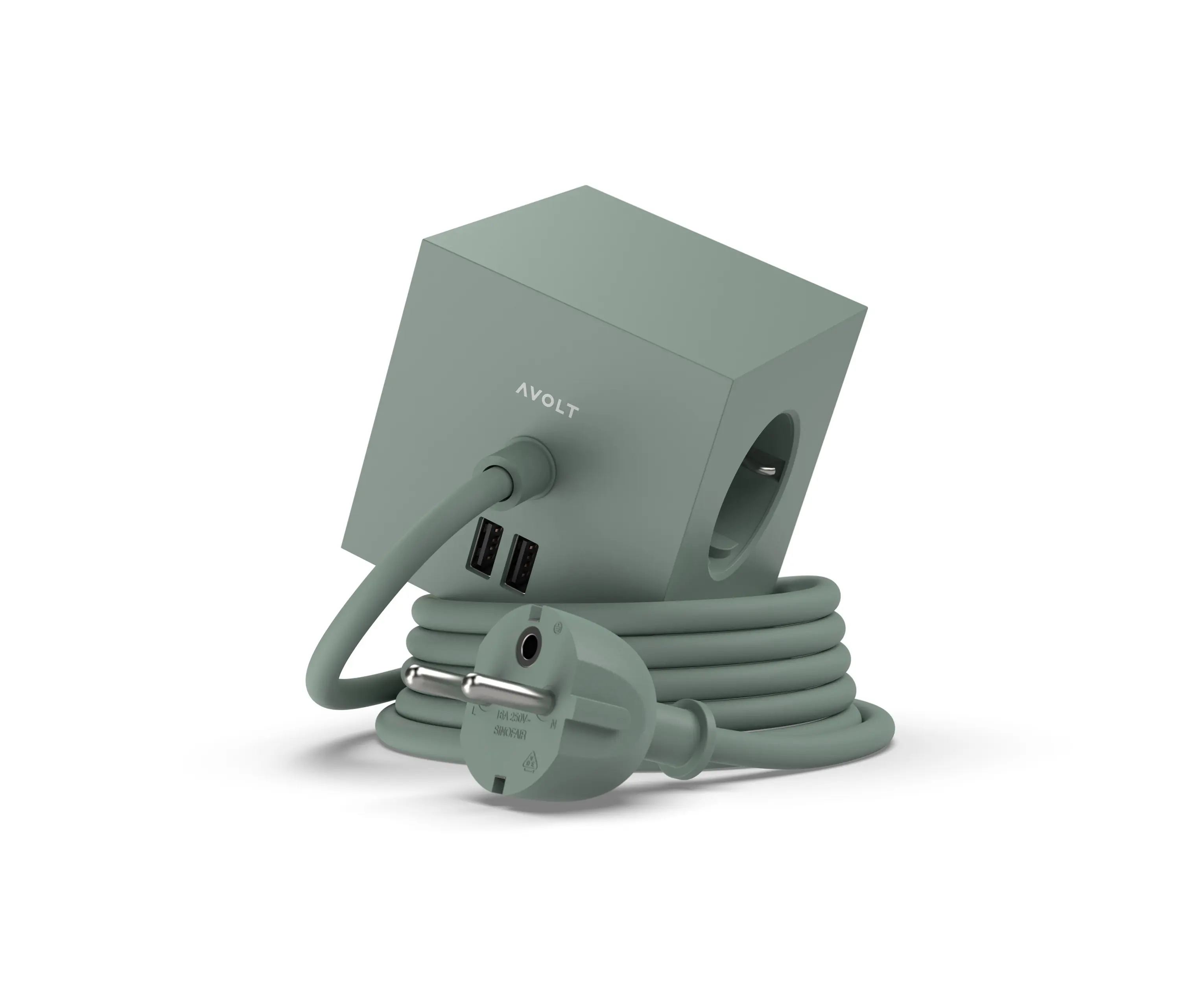 Avolt - SQUARE 1 with Dual USB A ports & Magnetic base, 1.8m - OAK GREEN