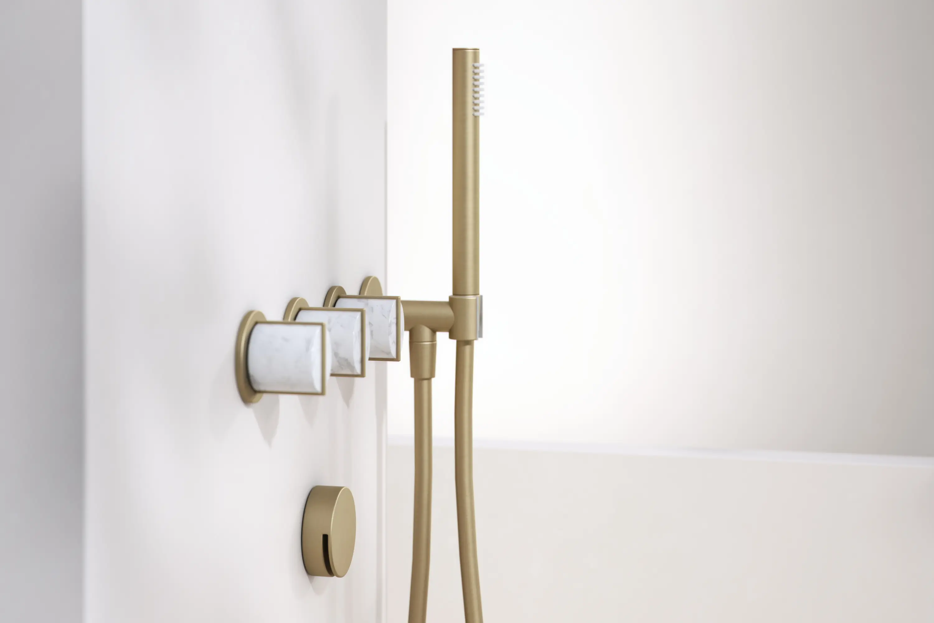 Varied Forms - Wall Mounted Set with Overflow Filler and Handshower on Right