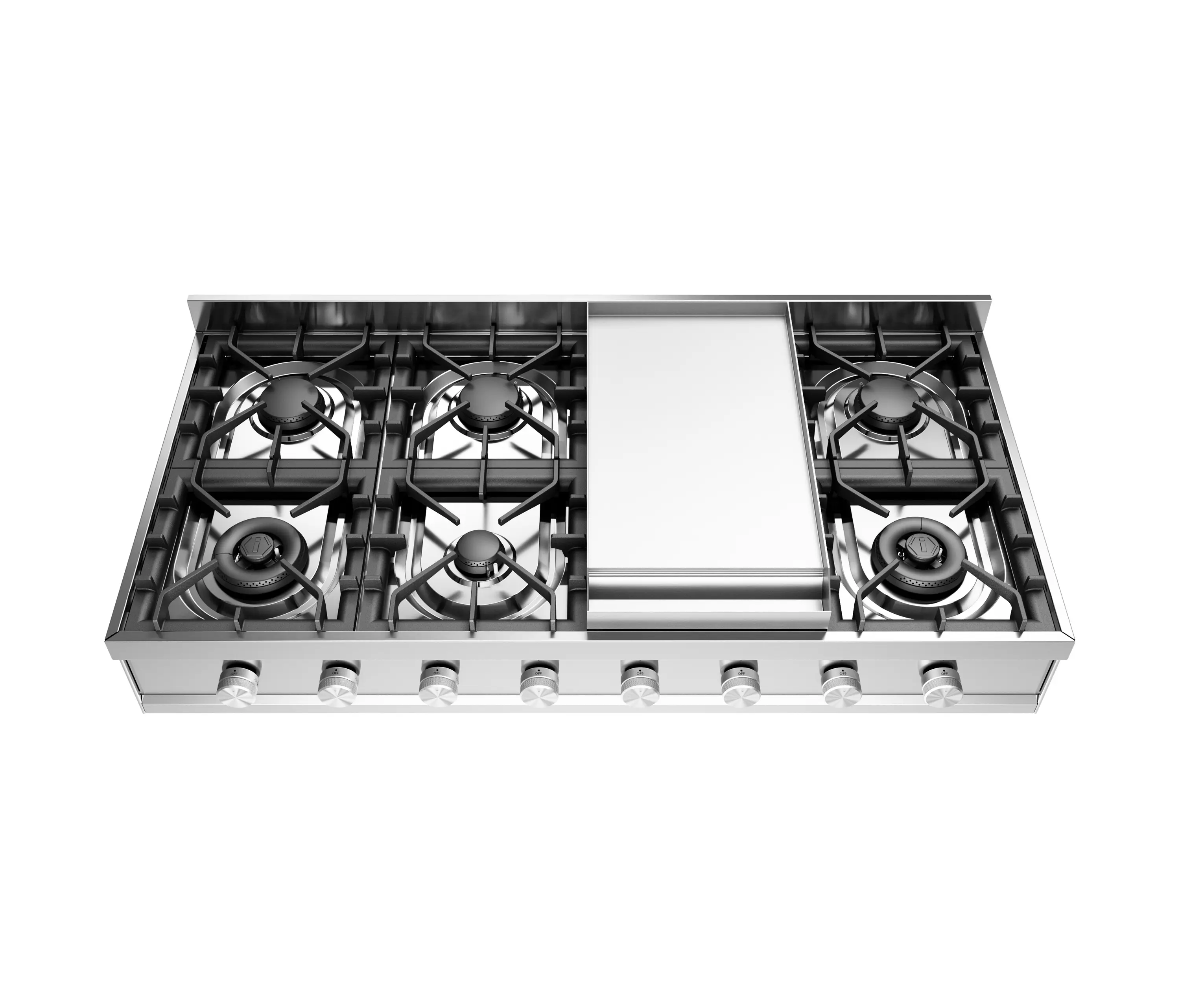 ILVE - Professional Plus | 120 cm flächenbündiges Edelstahl-Gaskochfeld 8 Flammen und Bratplatte