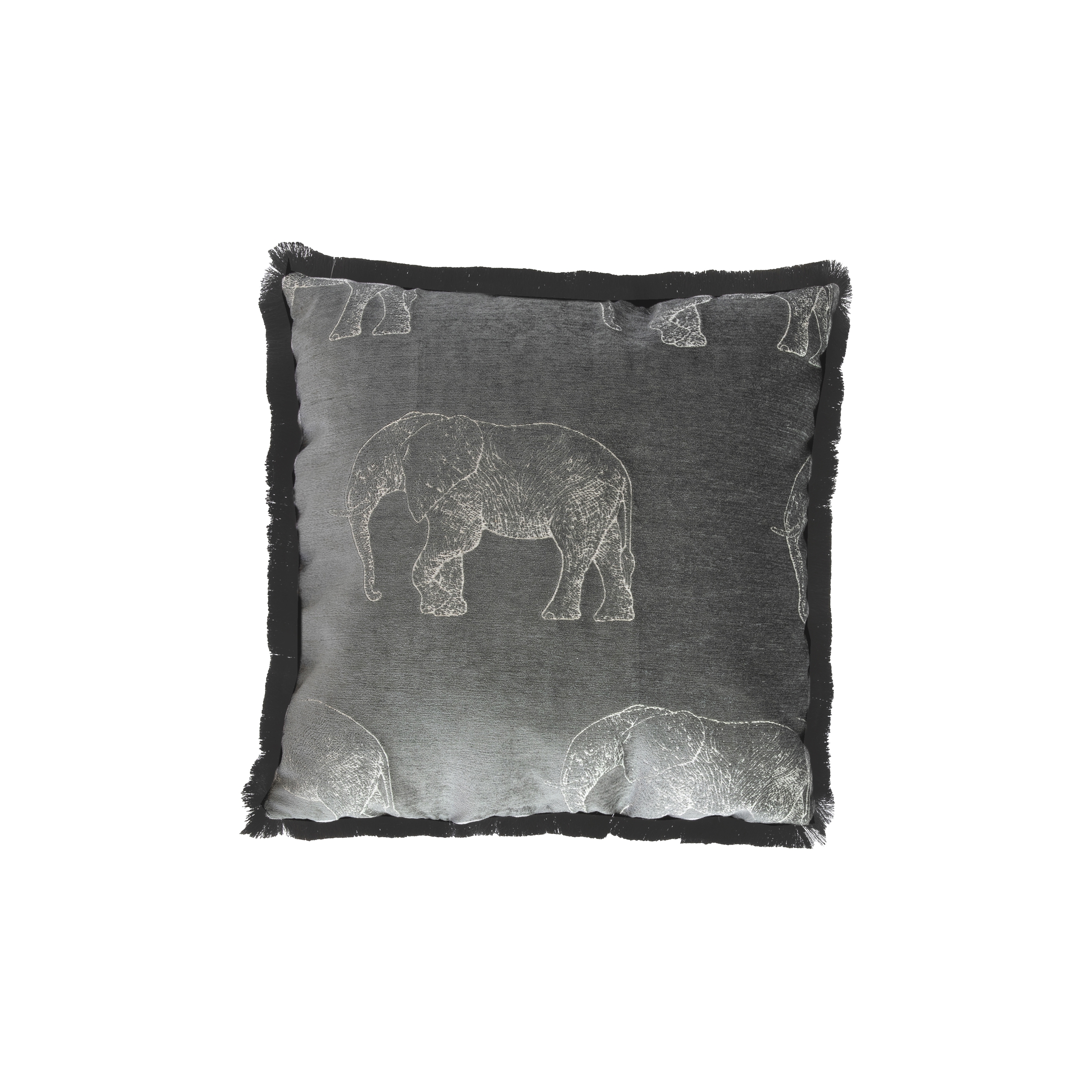 Afficher le produit Coussins et Plaids | Coussin velours gris avec élépants brodées et franges du fabricant MX HOME