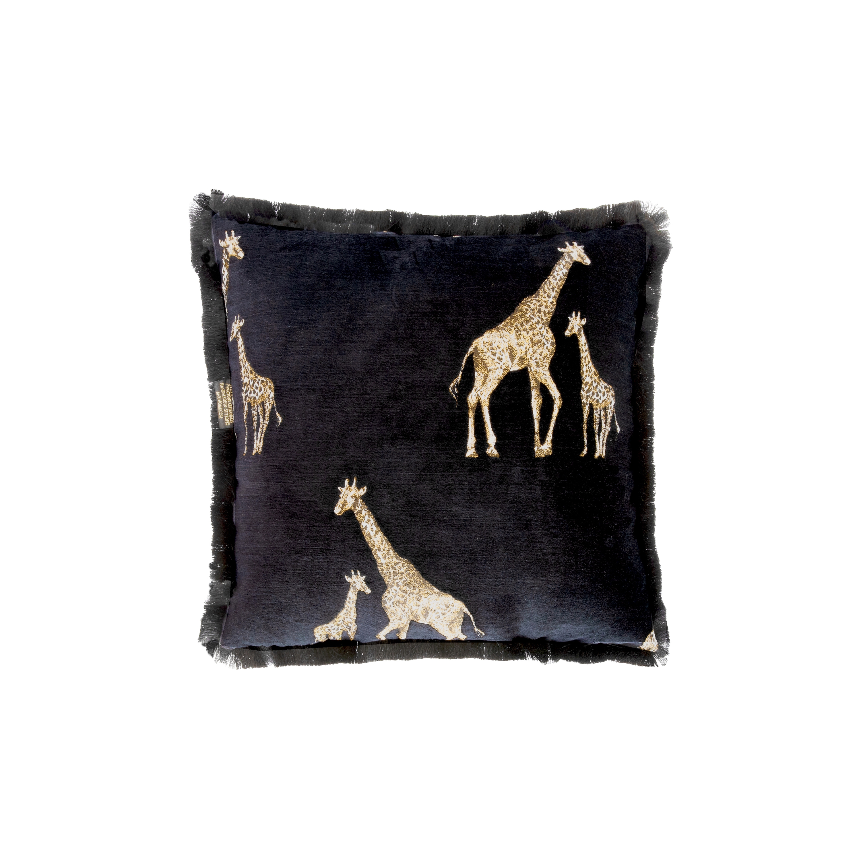 Coussins et Plaids | Coussin velours noir avec girafes brodées et franges