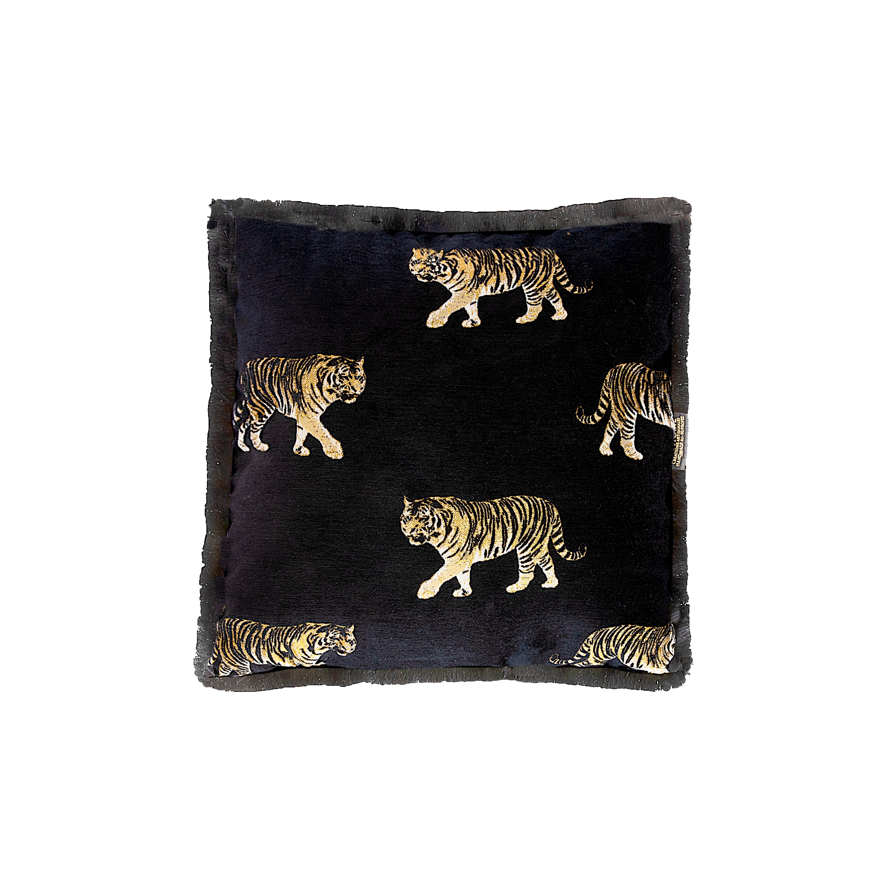Coussins et Plaids | Coussin velours noir avec tigres brodées et franges