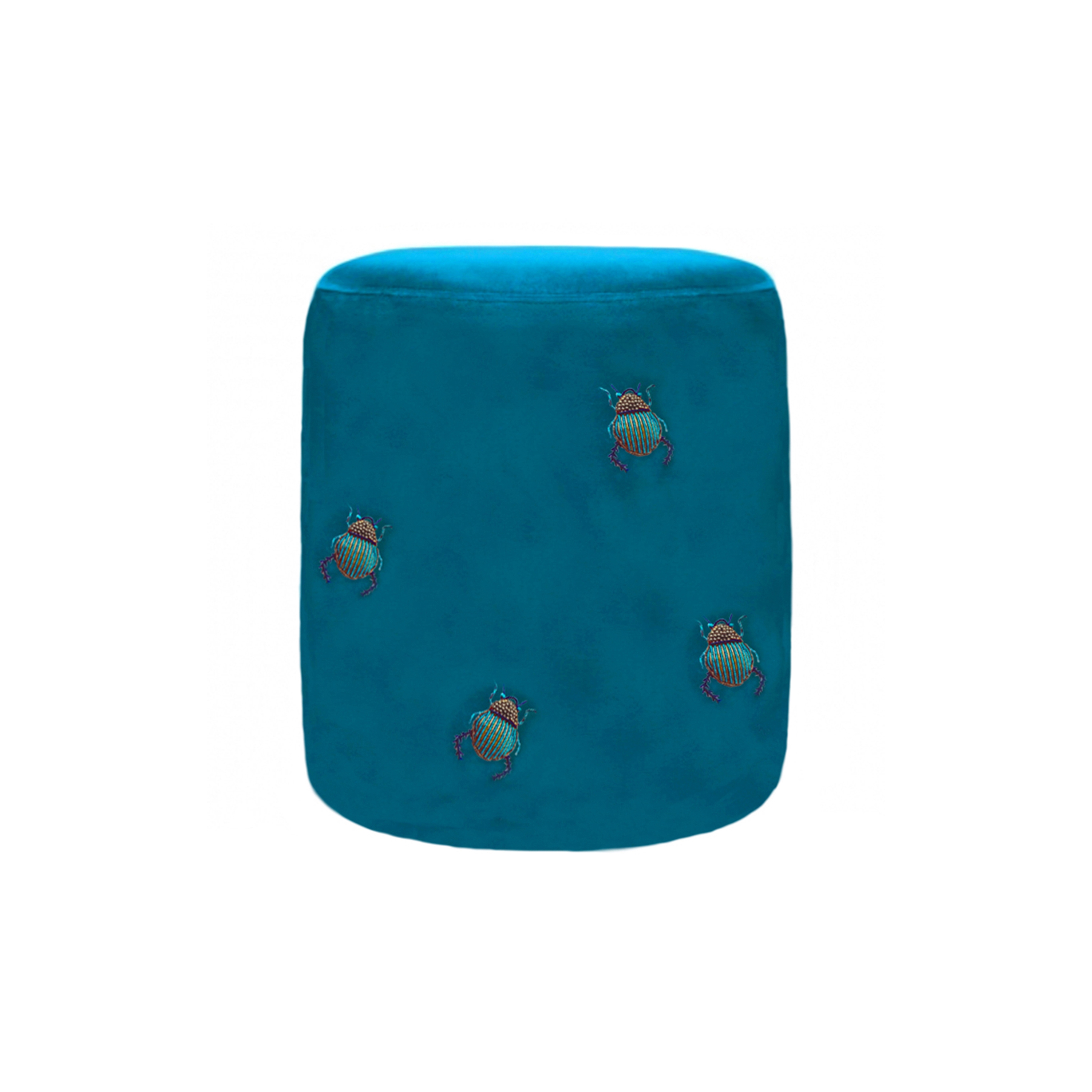 XL Beanbag | Blue velvet stool with embroidered beetles
