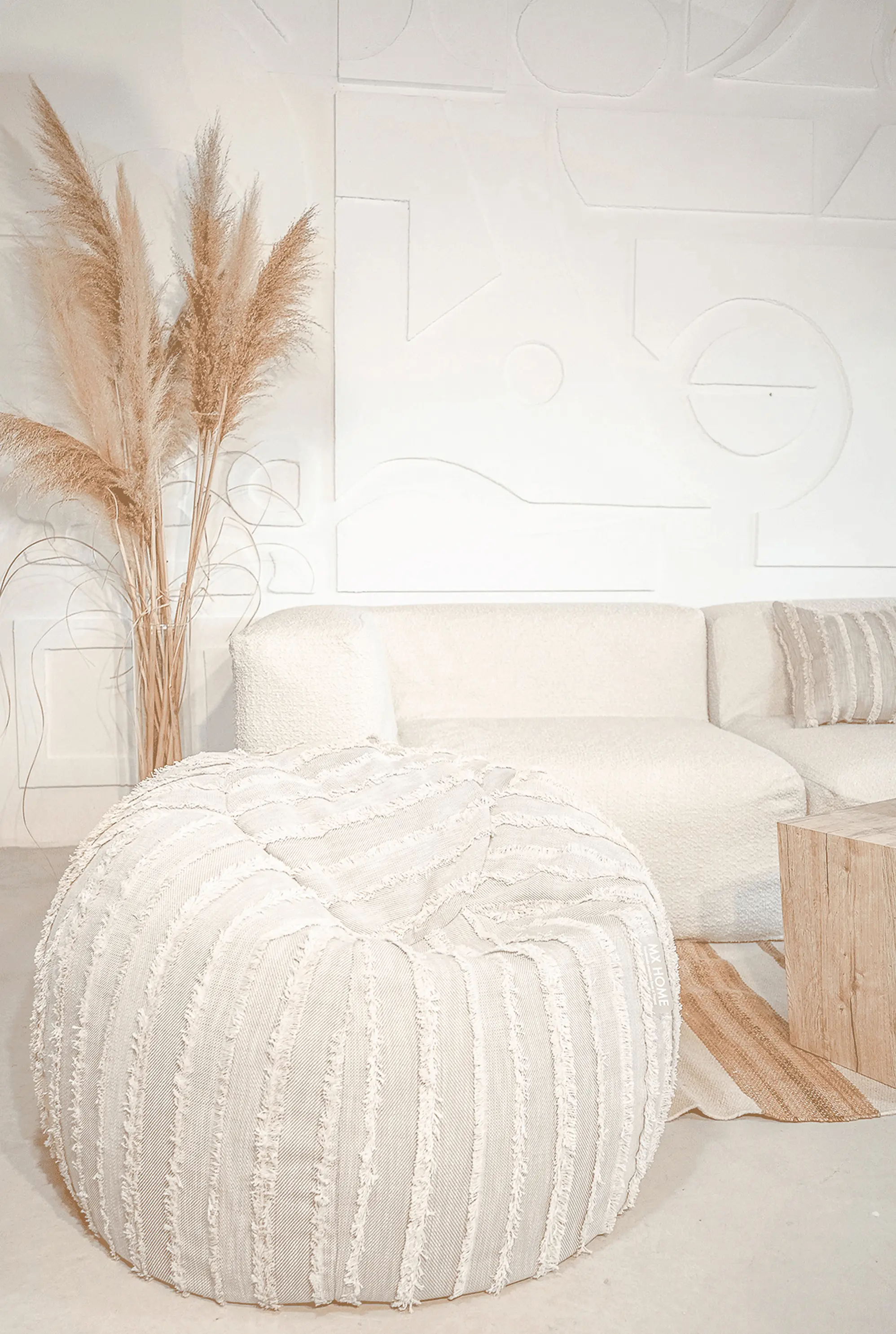 MX HOME - XL-Hocker | Pouf aus grauem Baumwollstoff mit Fransen