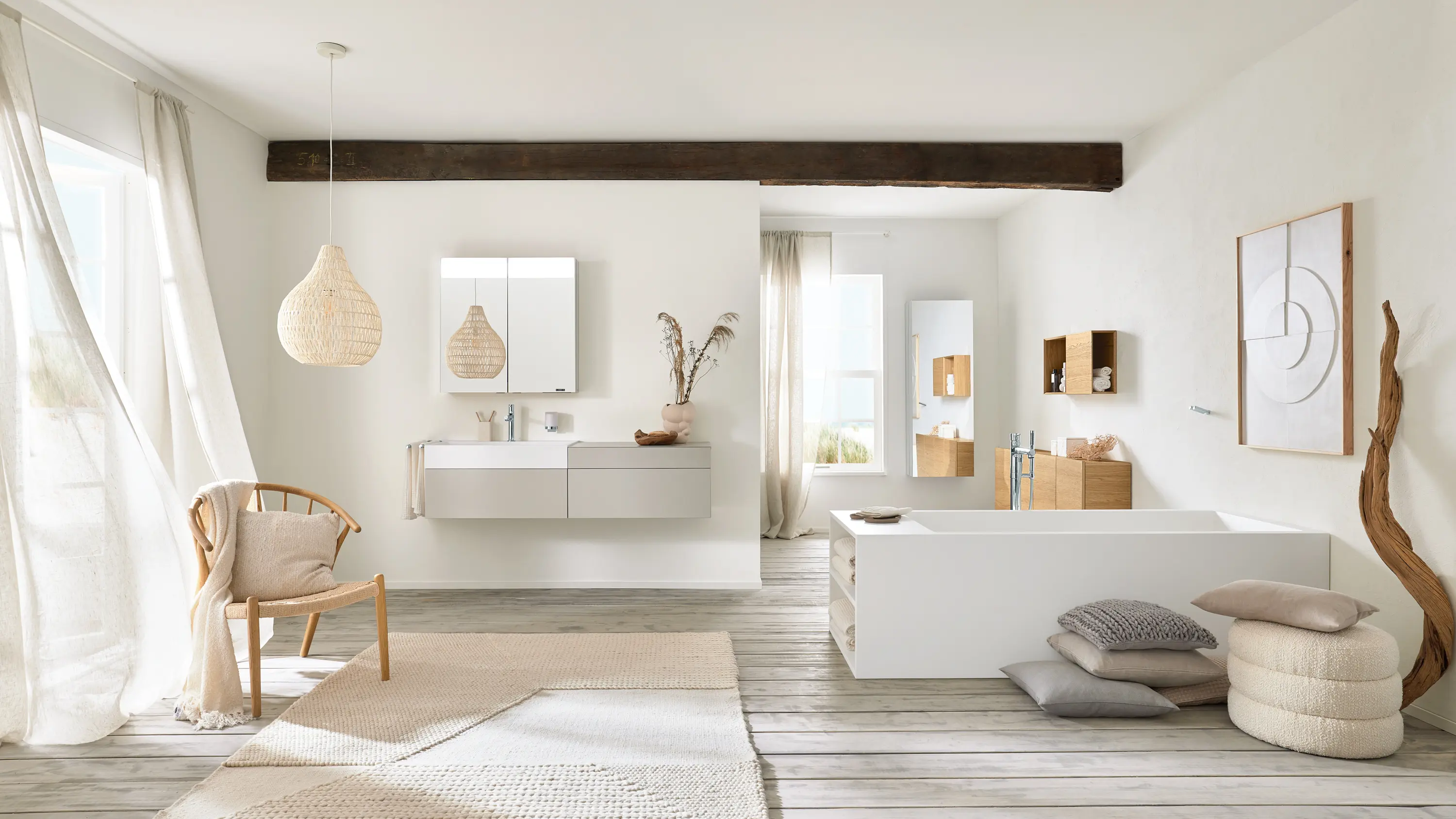 Vigour - Bath in solid surface white free-standing with spout white matt shelf on left