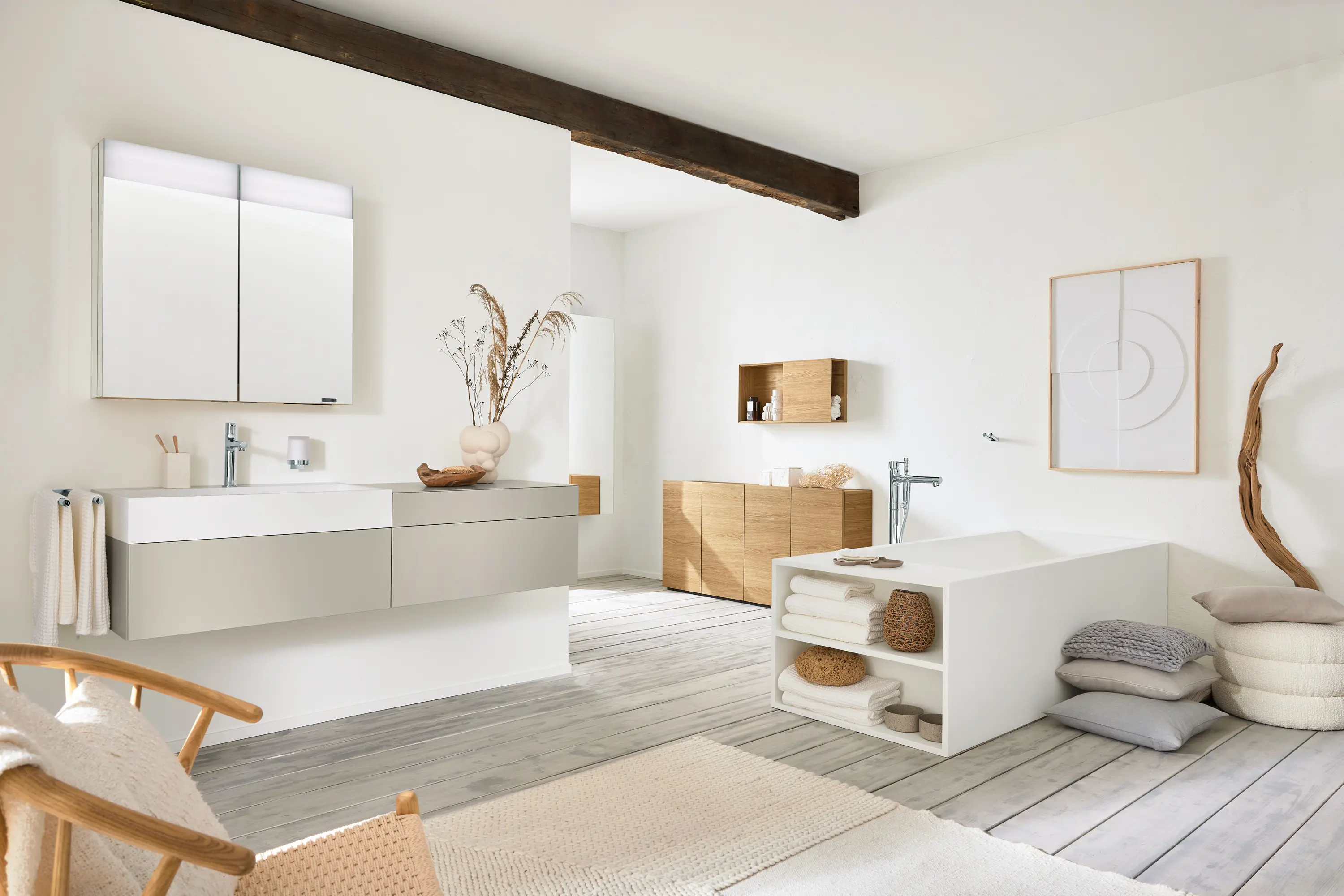 Vigour - Bath in solid surface white free-standing with spout white matt shelf on left