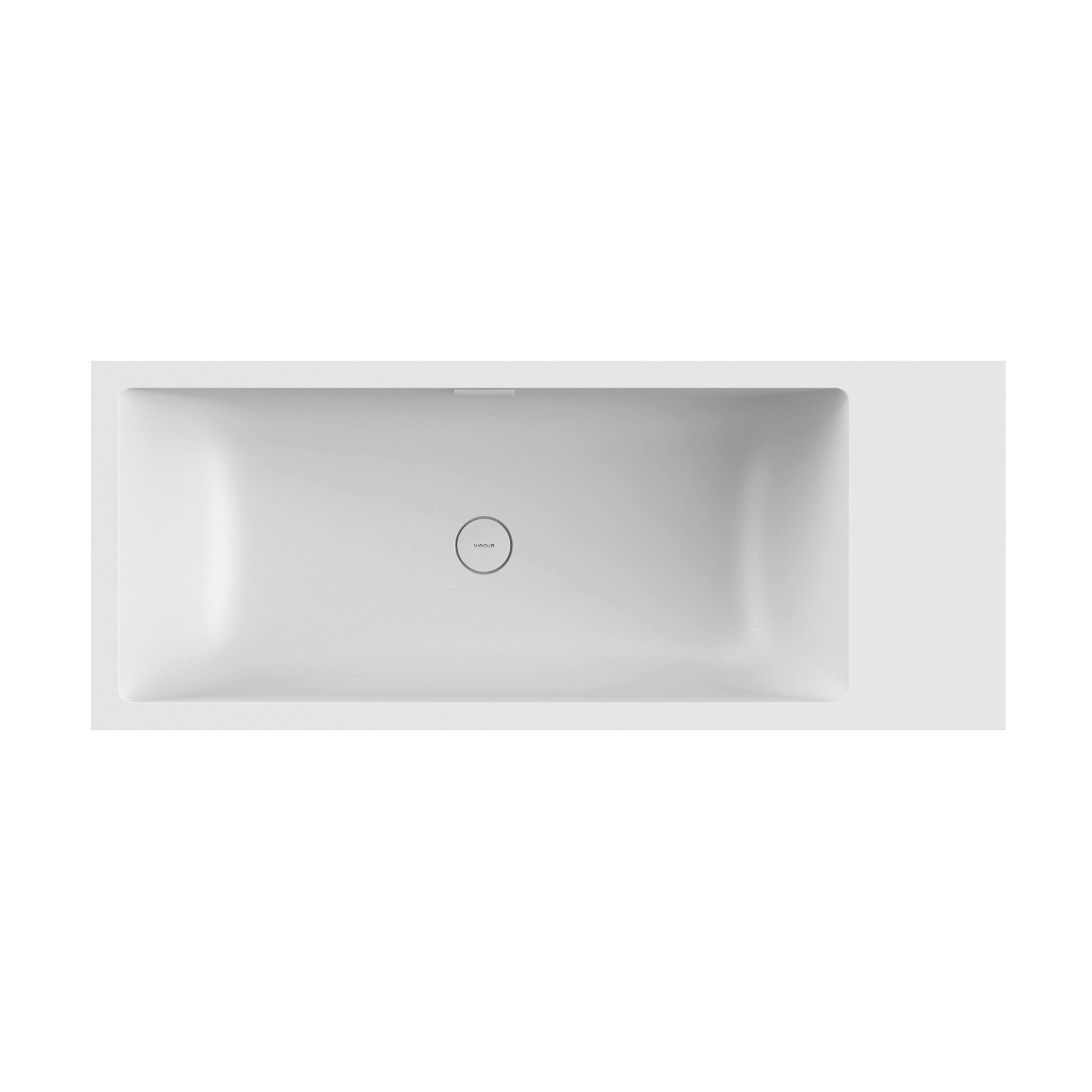 Produkt Vorwandwanne Mineralwerkstoff white 2-seitig links mit Einlauf weiss matt Regal des Herstellers Vigour anzeigen