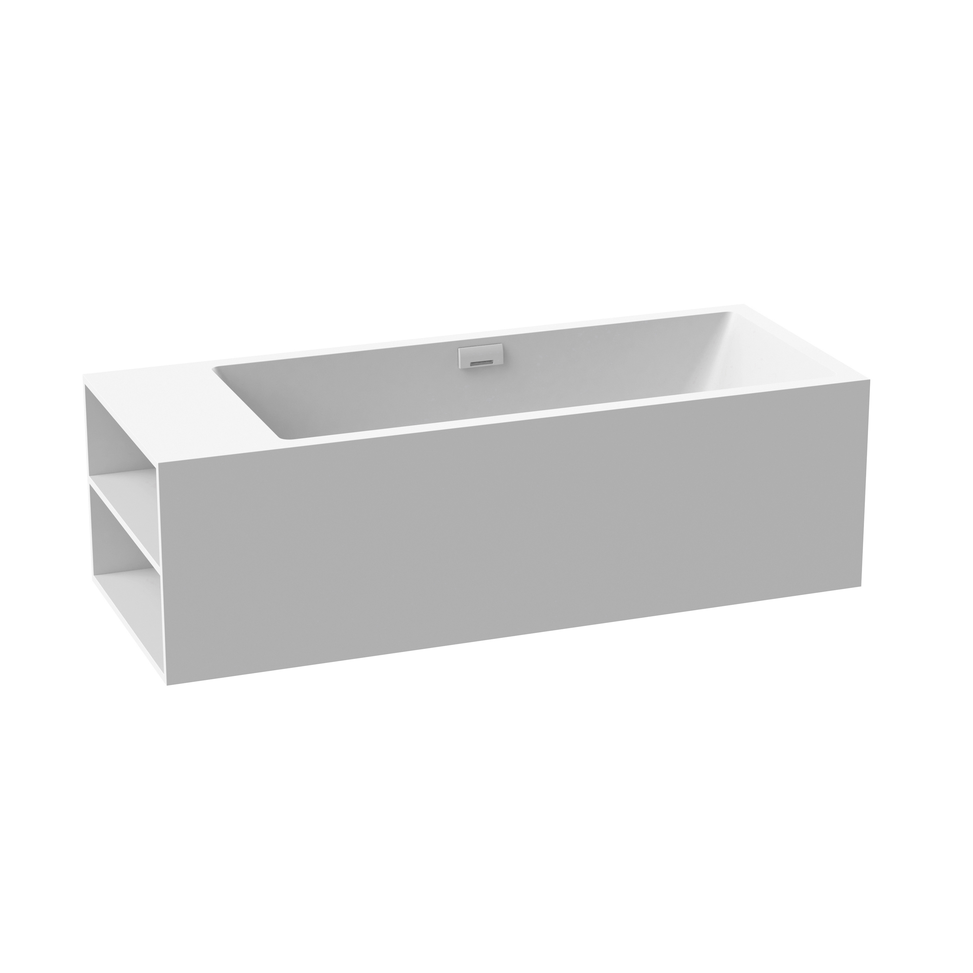 Produkt Vorwandwanne Mineralwerkstoff white 2-seitig rechts mit Einlauf weiss matt Regal des Herstellers Vigour anzeigen