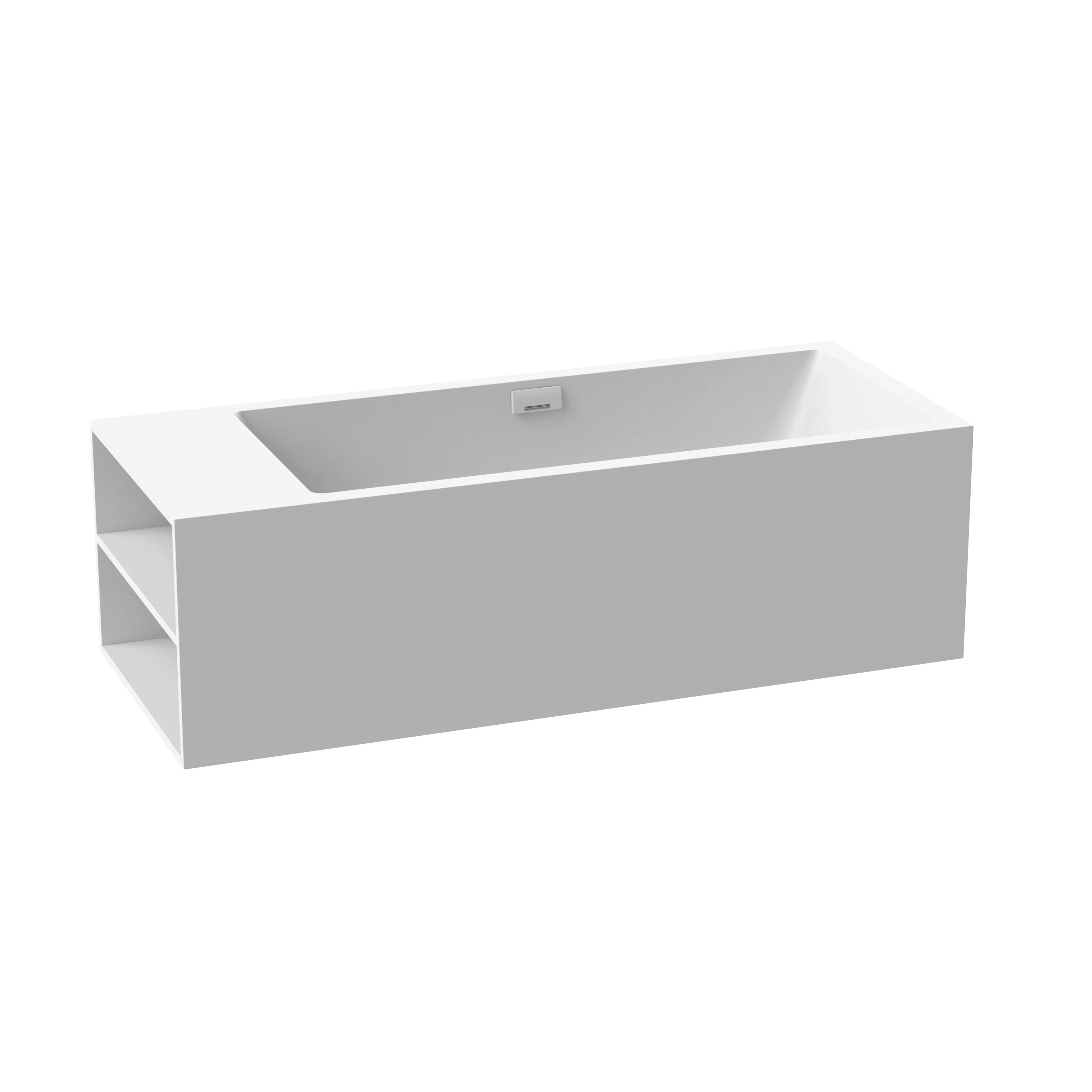 Display product Back-to-wall bath solid surface white 3-sided with spout white matt shelf on left from manufacturer Vigour