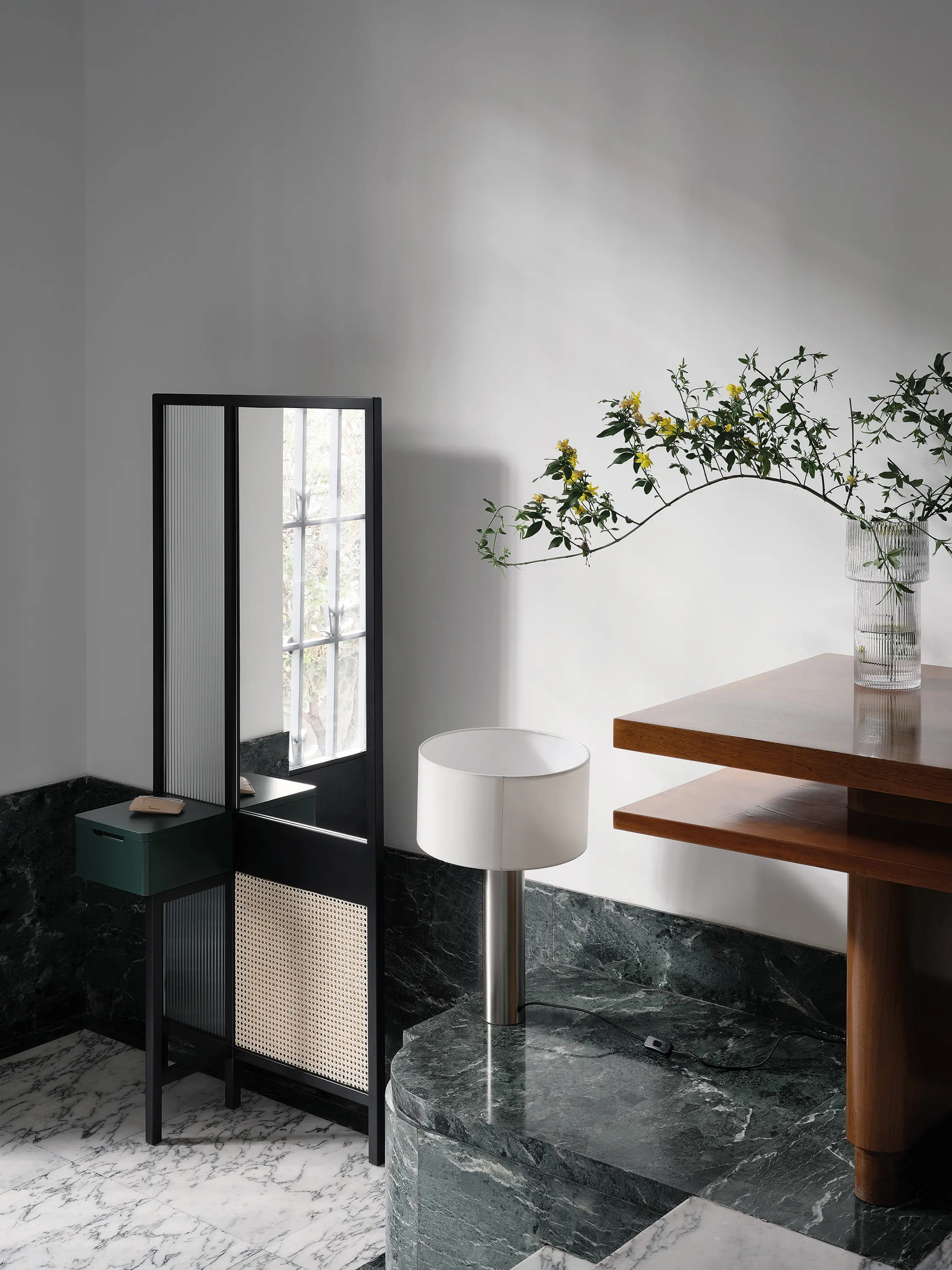 ARFLEX - Threshold Mirror Cabinet - High Version with green lacquered drawer