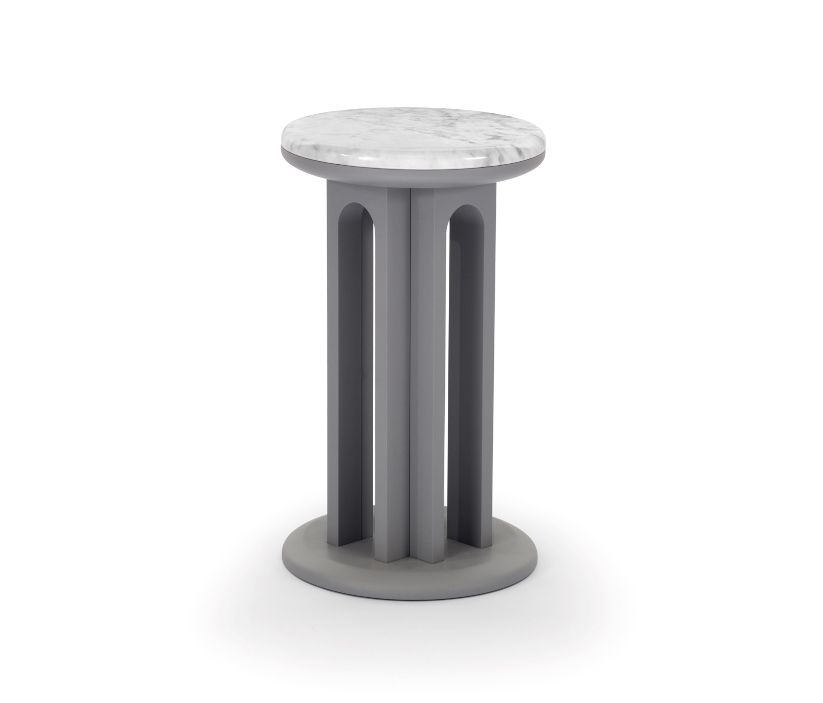 Display product Arcolor Small Table 30 - Version with grey RAL 7036 lacquered Base and Carrara Marble Top from manufacturer ARFLEX
