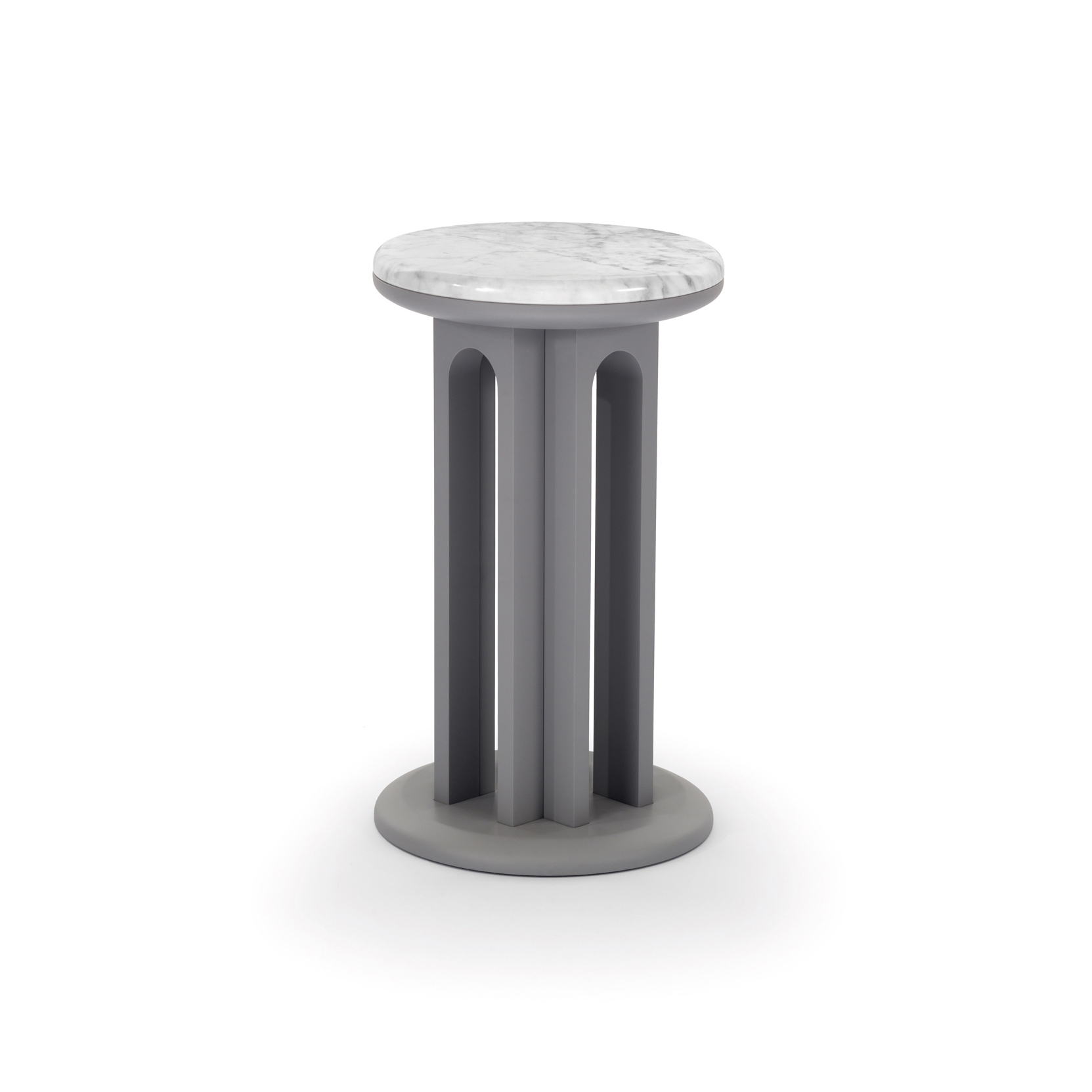 Display product Arcolor Small Table 30 - Version with grey RAL 7036 lacquered Base and Carrara Marble Top from manufacturer ARFLEX