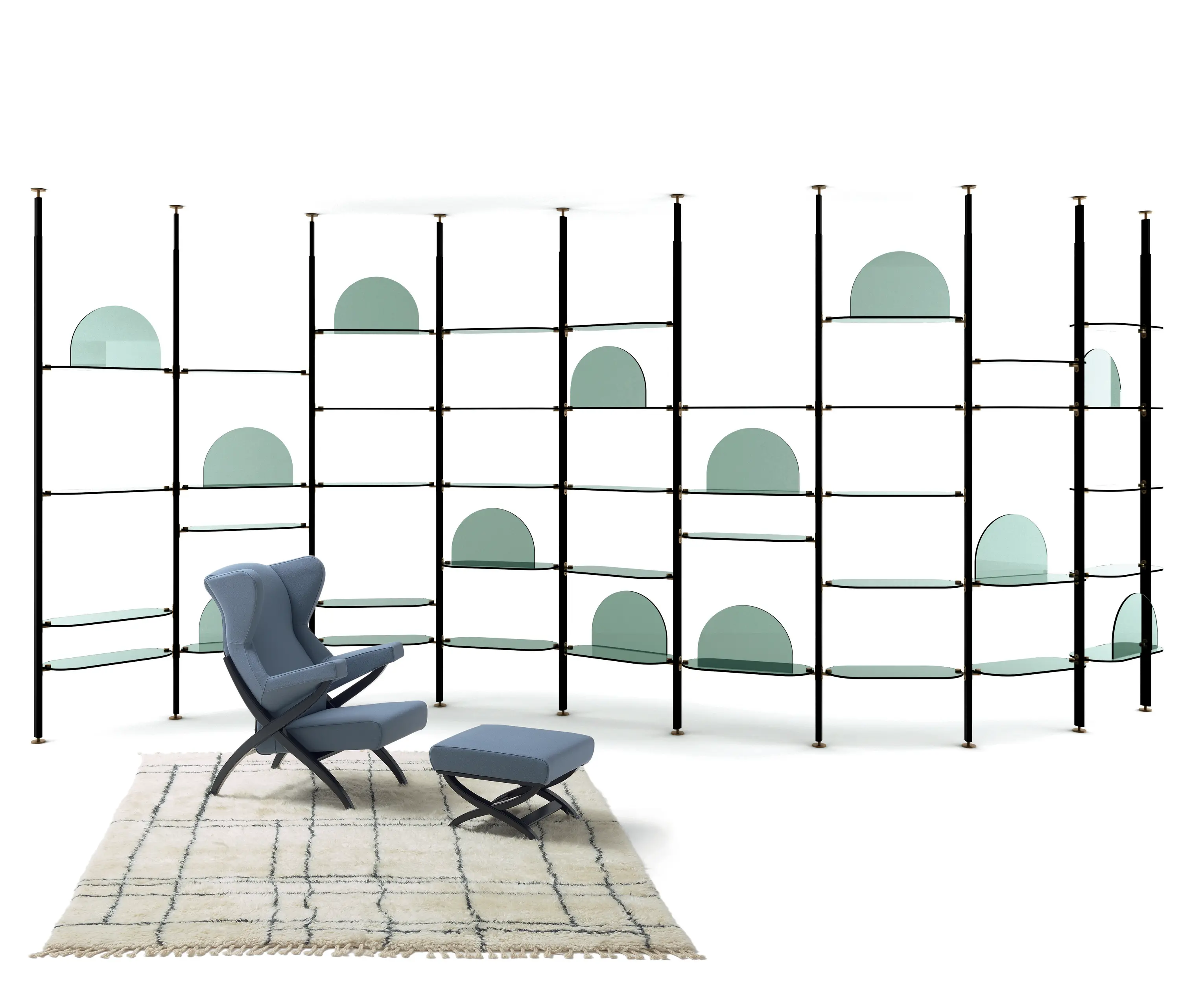 ARFLEX - Alba Bookcase - Ceiling fixing Version with green glass shelves