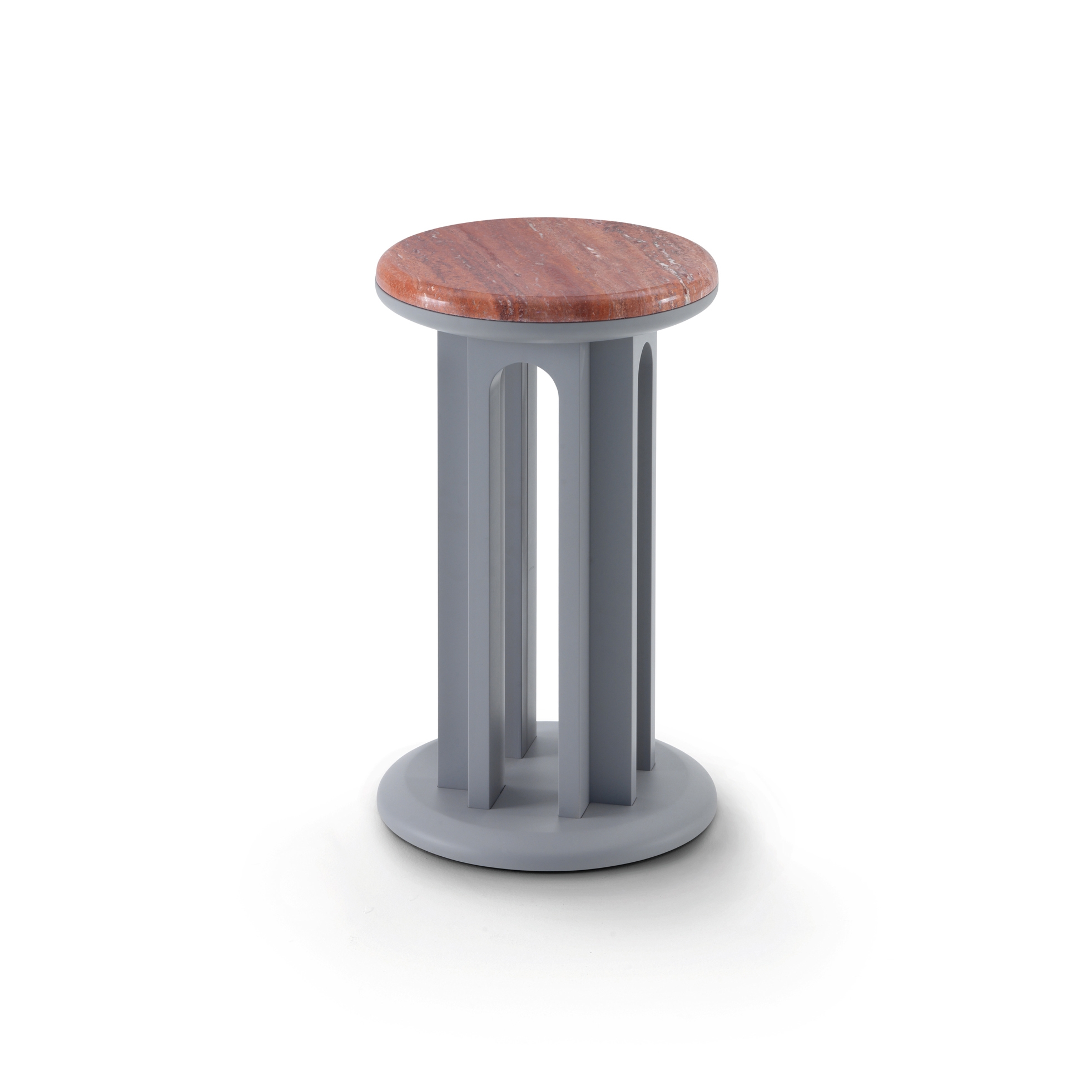 Arcolor Small Table 30 - Version with grey RAL 7036 lacquered Base and Travertino rosso Top