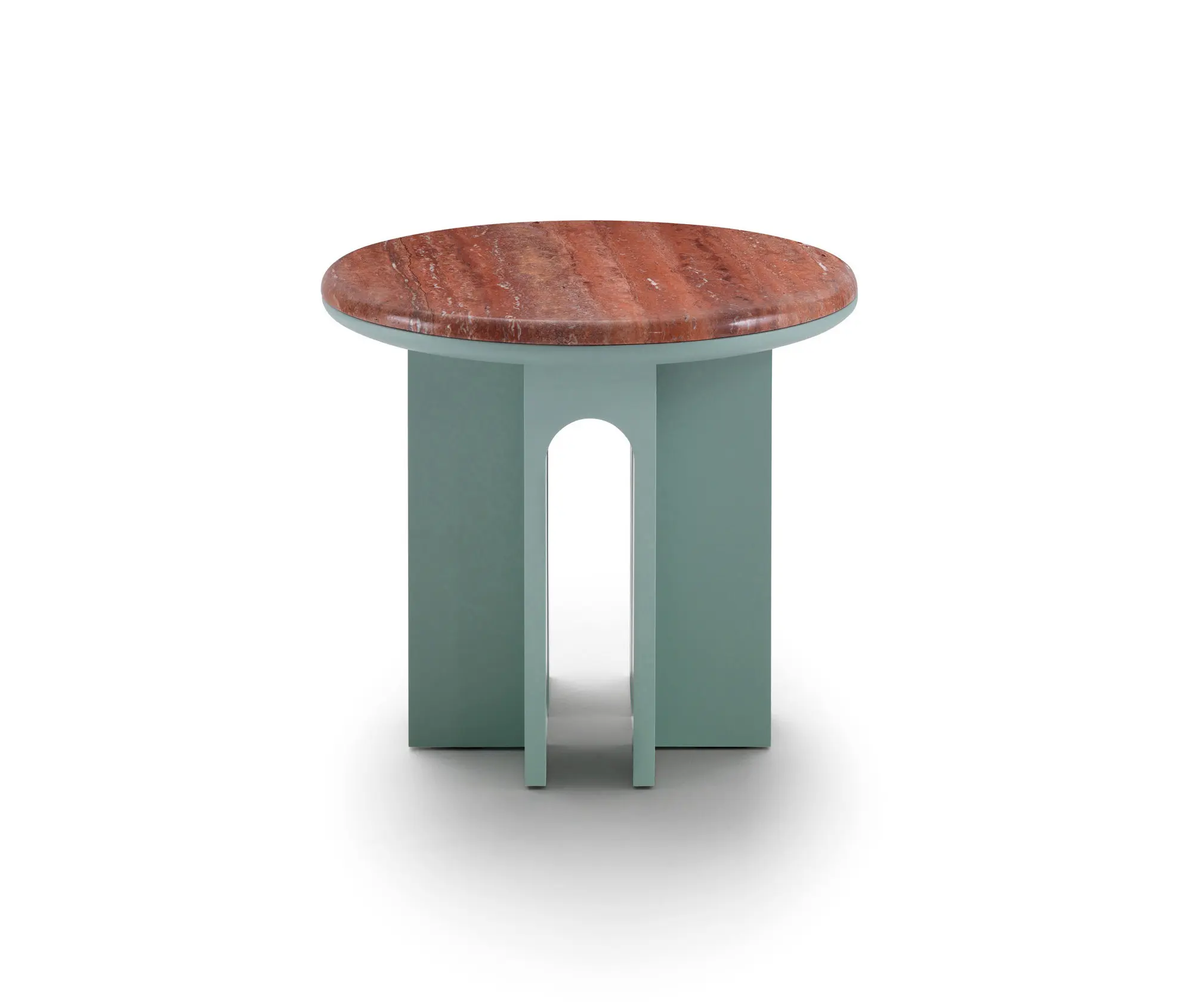 ARFLEX - Arcolor Small Table 50 - Version with green pantone RAL 5635 lacquered Base and Travertino rosso Top
