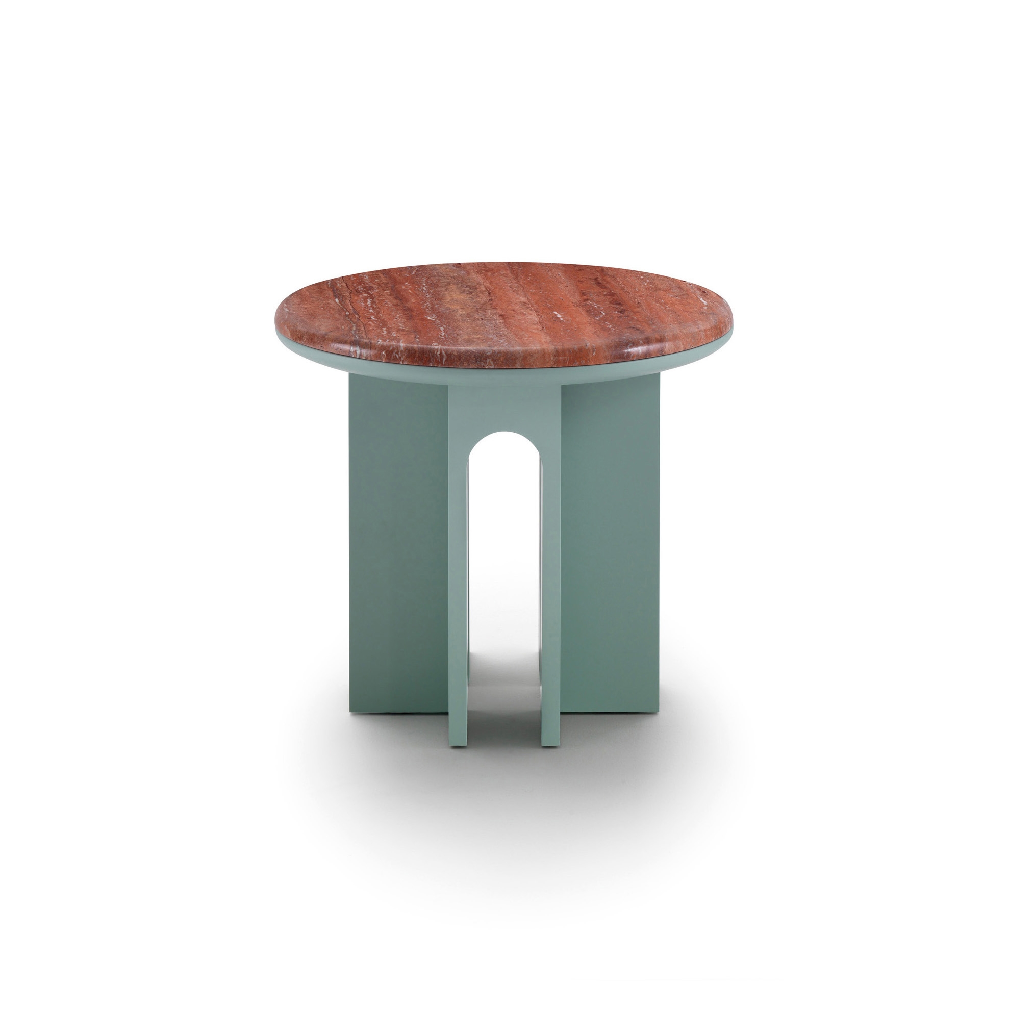 Arcolor Small Table 50 - Version with green pantone RAL 5635 lacquered Base and Travertino rosso Top