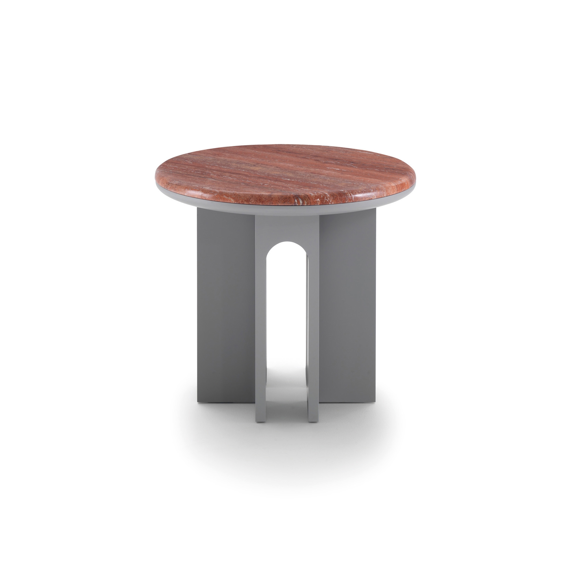 Arcolor Small Table 50 - Version with grey RAL 7036 lacquered Base and Travertino rosso Top
