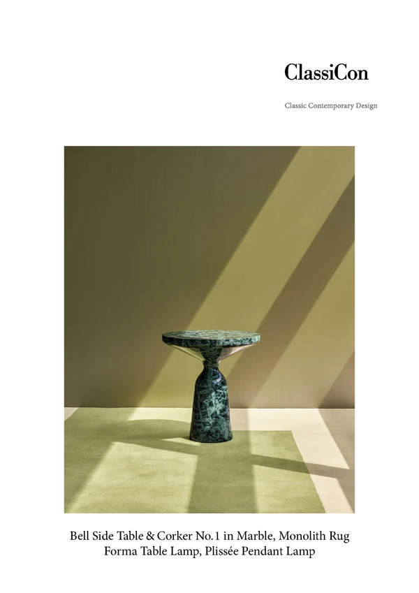 Preview image for the file Bell Side Table & Corker No.1 in Marble, Monolith Rug Forma Table Lamp, Plissée Pendant Lamp