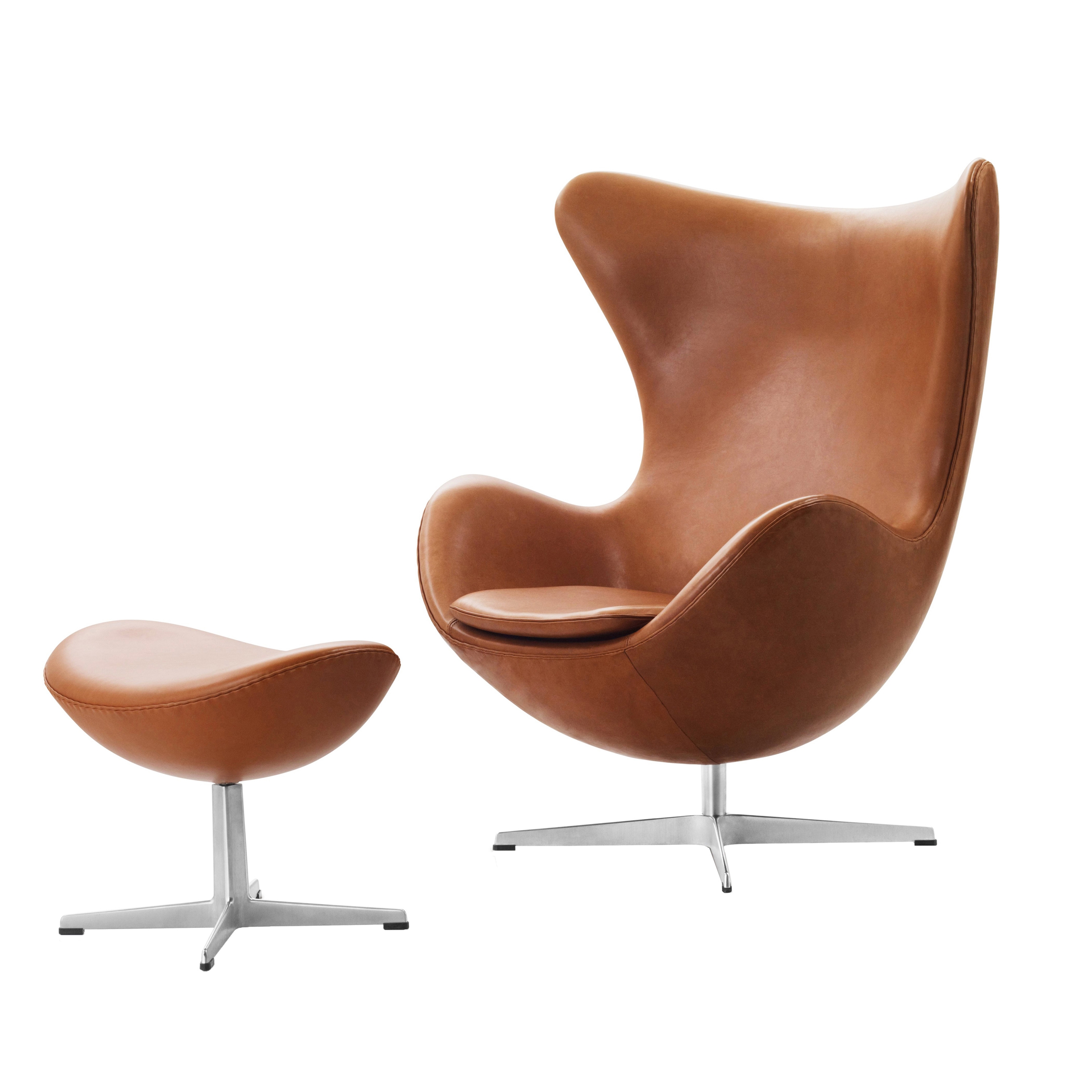 Display product Egg™ Lounge chair | 3316 | Walnut leather | Polished aluminum base + Footstool | 3127 | Walnut leather | Polished aluminum base from manufacturer Fritz Hansen