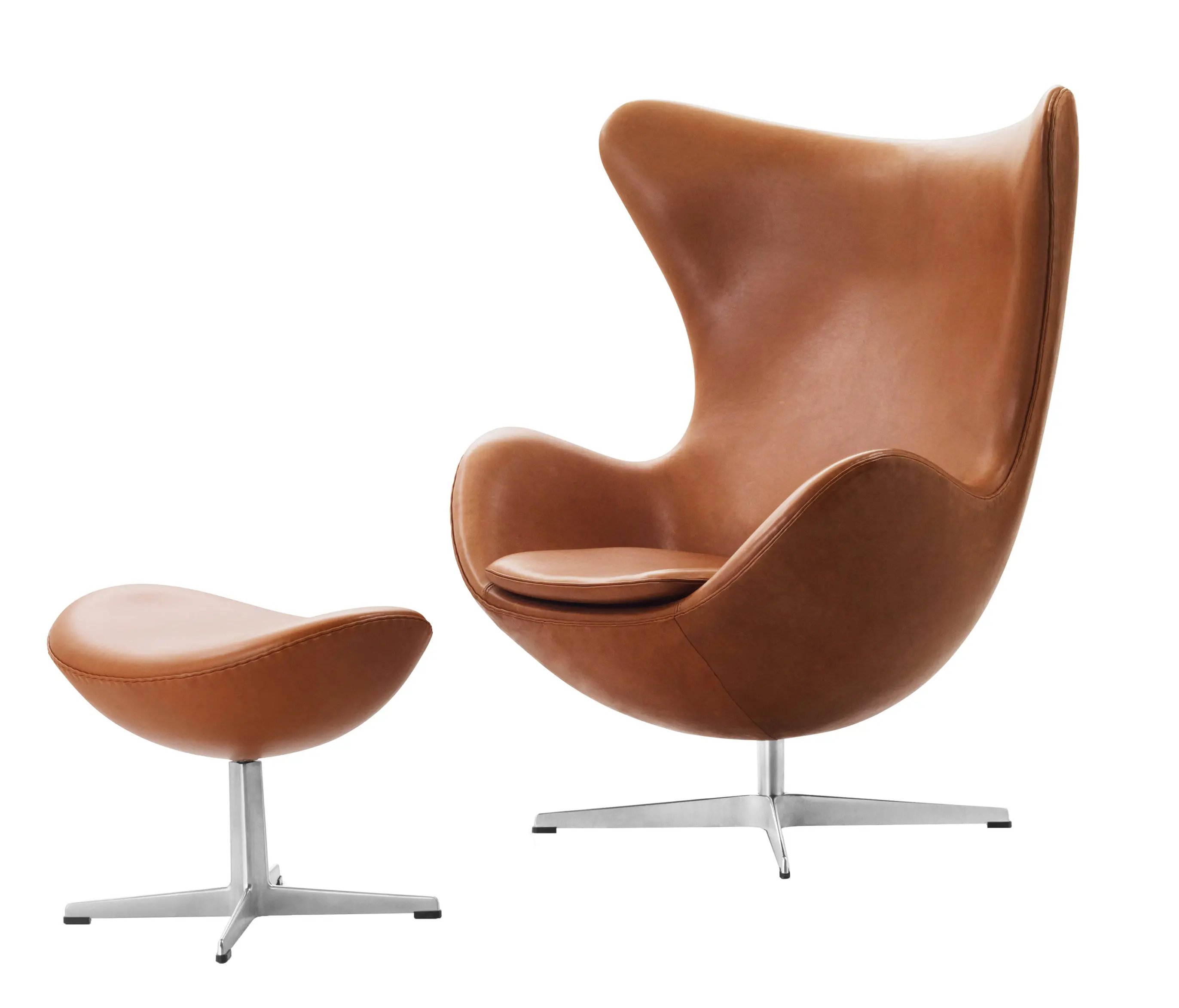 Fritz Hansen - Egg™ Lounge chair | 3316 | Walnut leather | Polished aluminum base + Footstool | 3127 | Walnut leather | Polished aluminum base