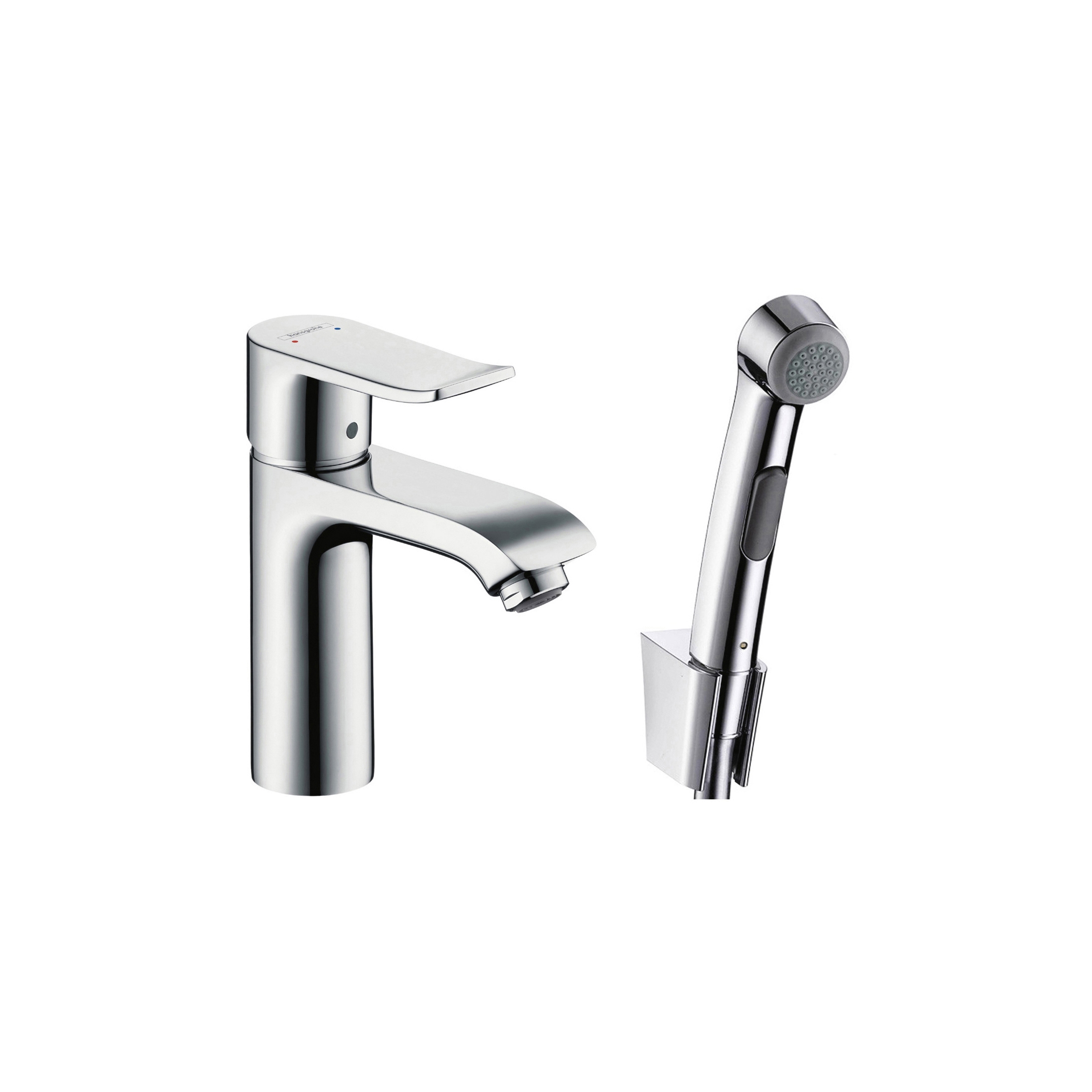 Display product hansgrohe Metris Bidette 1jet hand shower/ Metris single lever basin mixer set 1.60 m from manufacturer Hansgrohe