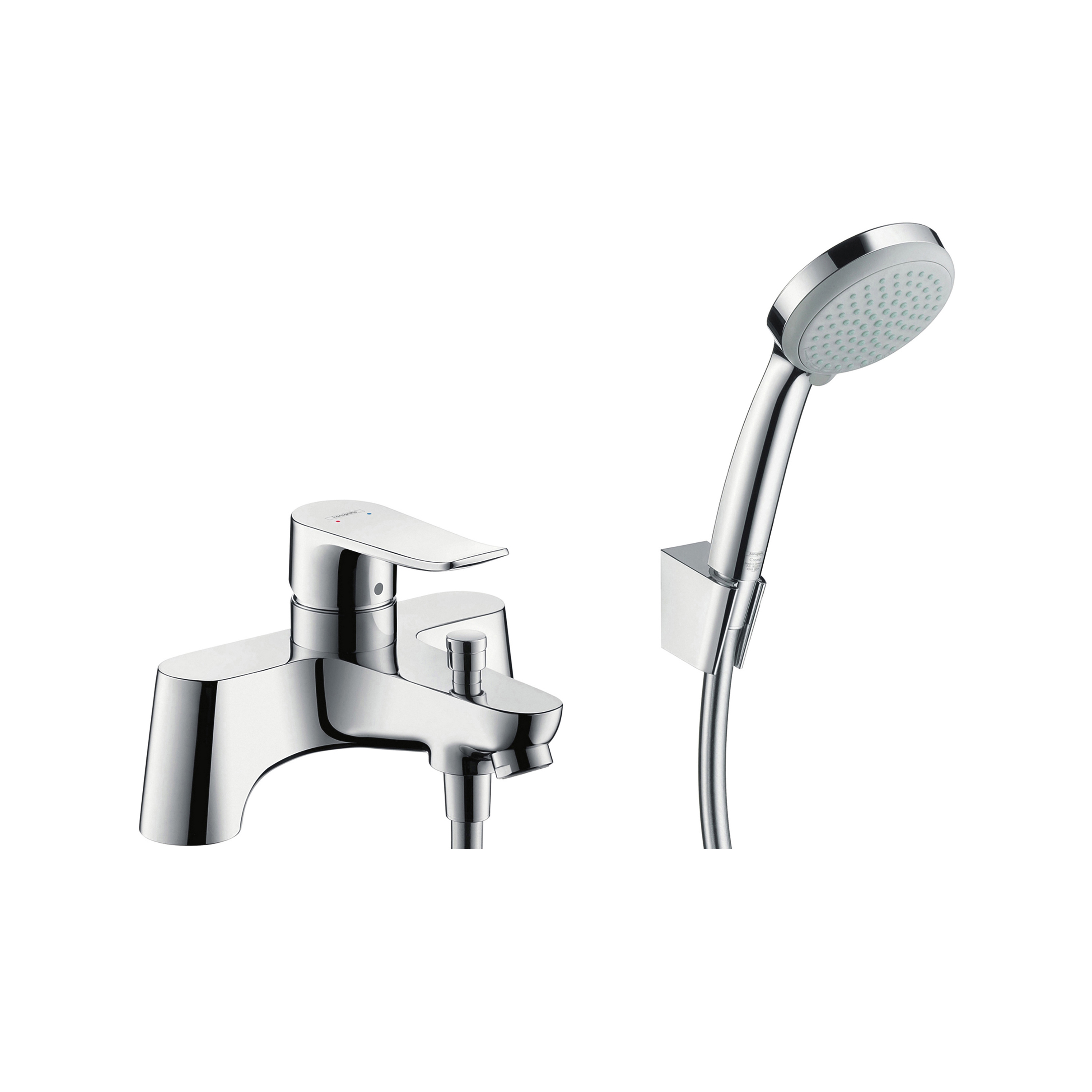 Display product hansgrohe Metris 2-hole rim mounted bath mixer with diverter valve and Croma 100 Vario hand shower from manufacturer Hansgrohe