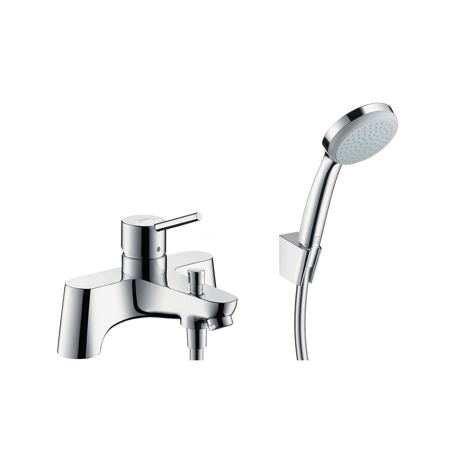 Display product hansgrohe Talis 2-hole rim mounted bath mixer with diverter valve and Croma 100 1jet hand shower from manufacturer Hansgrohe