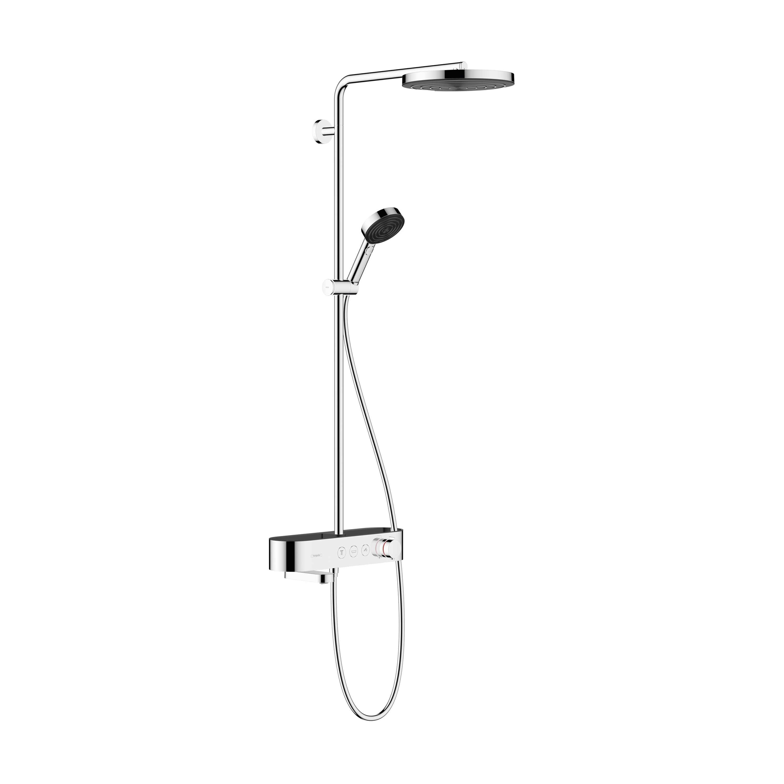 Display product hansgrohe Pulsify Showerpipe 260 1jet with bath thermostat ShowerTablet 400 from manufacturer Hansgrohe