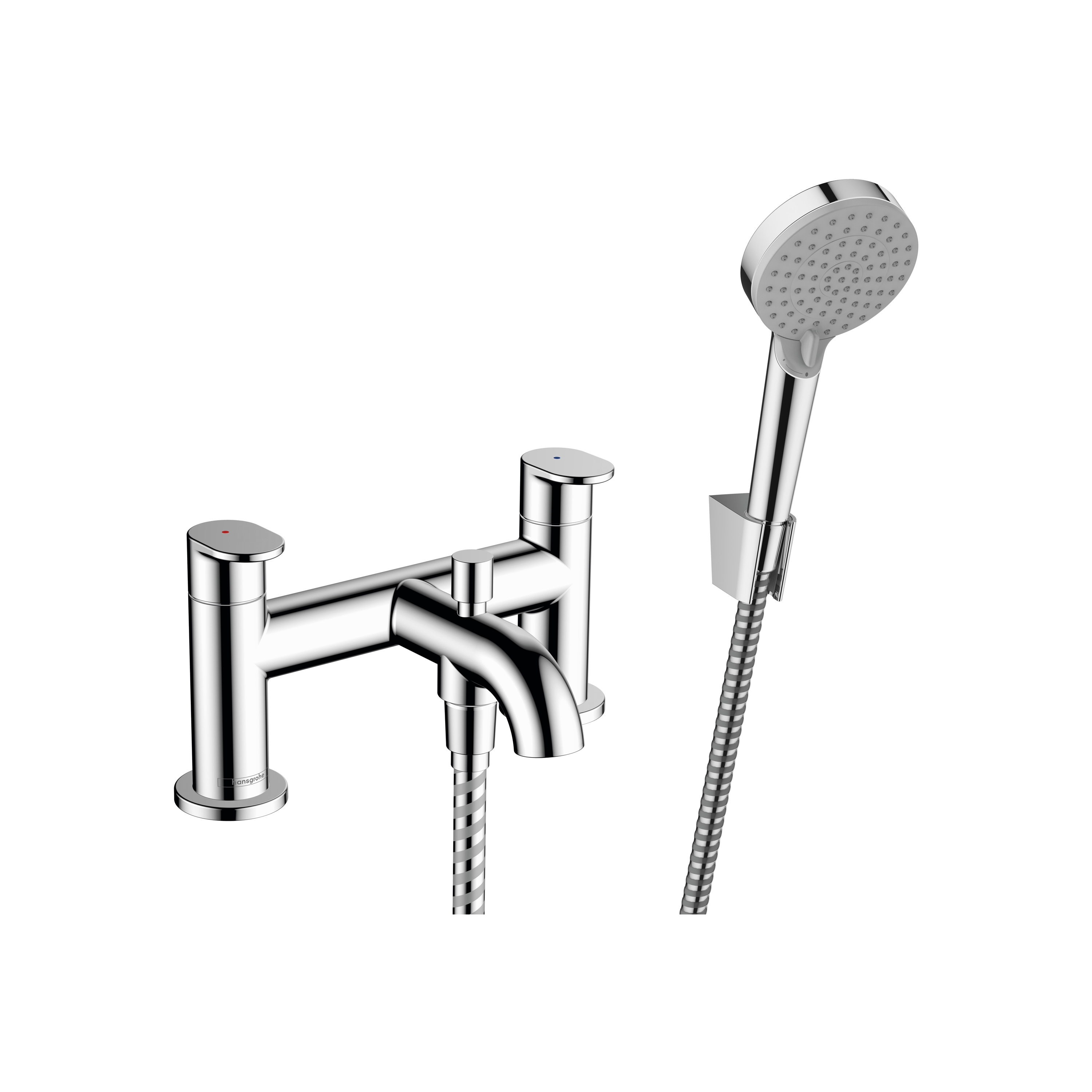 Display product hansgrohe Vernis Blend 2-hole rim mounted bath mixer with diverter valve and Vernis Blend hand shower Vario from manufacturer Hansgrohe