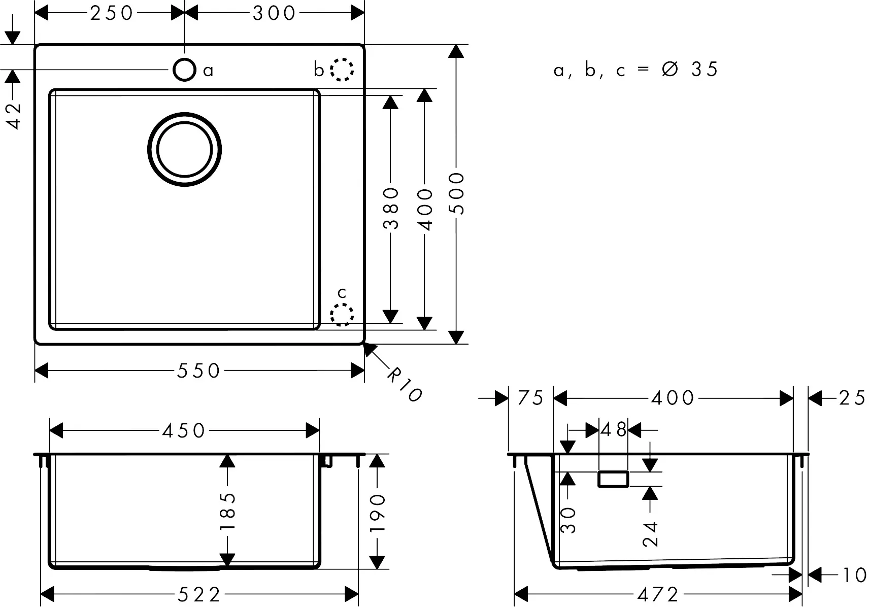 Hansgrohe - S71 S711-F450 Built-in sink 450