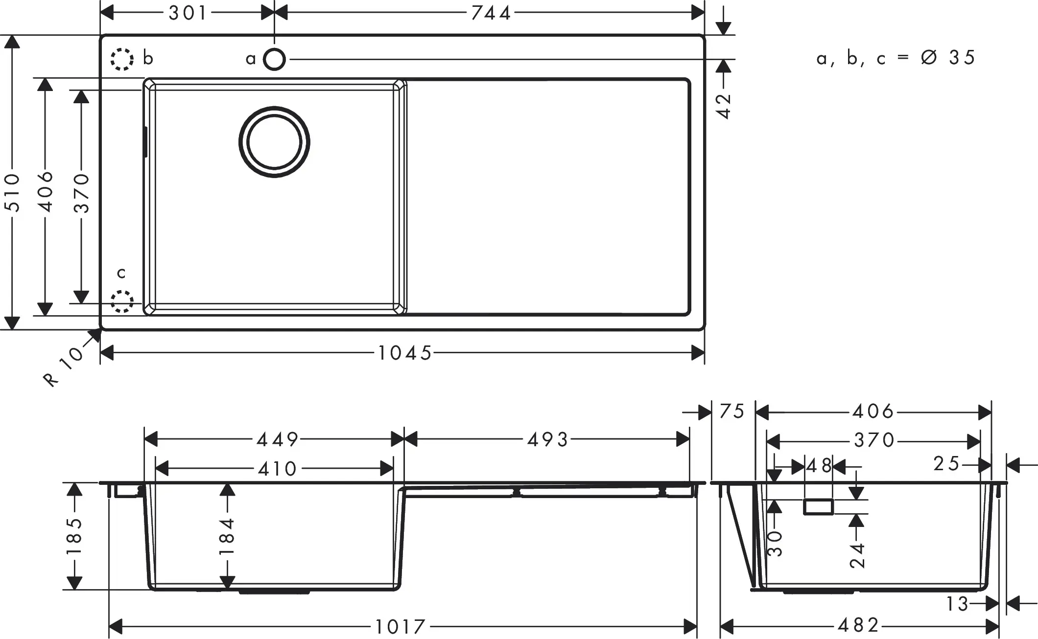 Hansgrohe - S71 S718-F450 Lavello ad incasso 450 con sgocciolatoio a destra